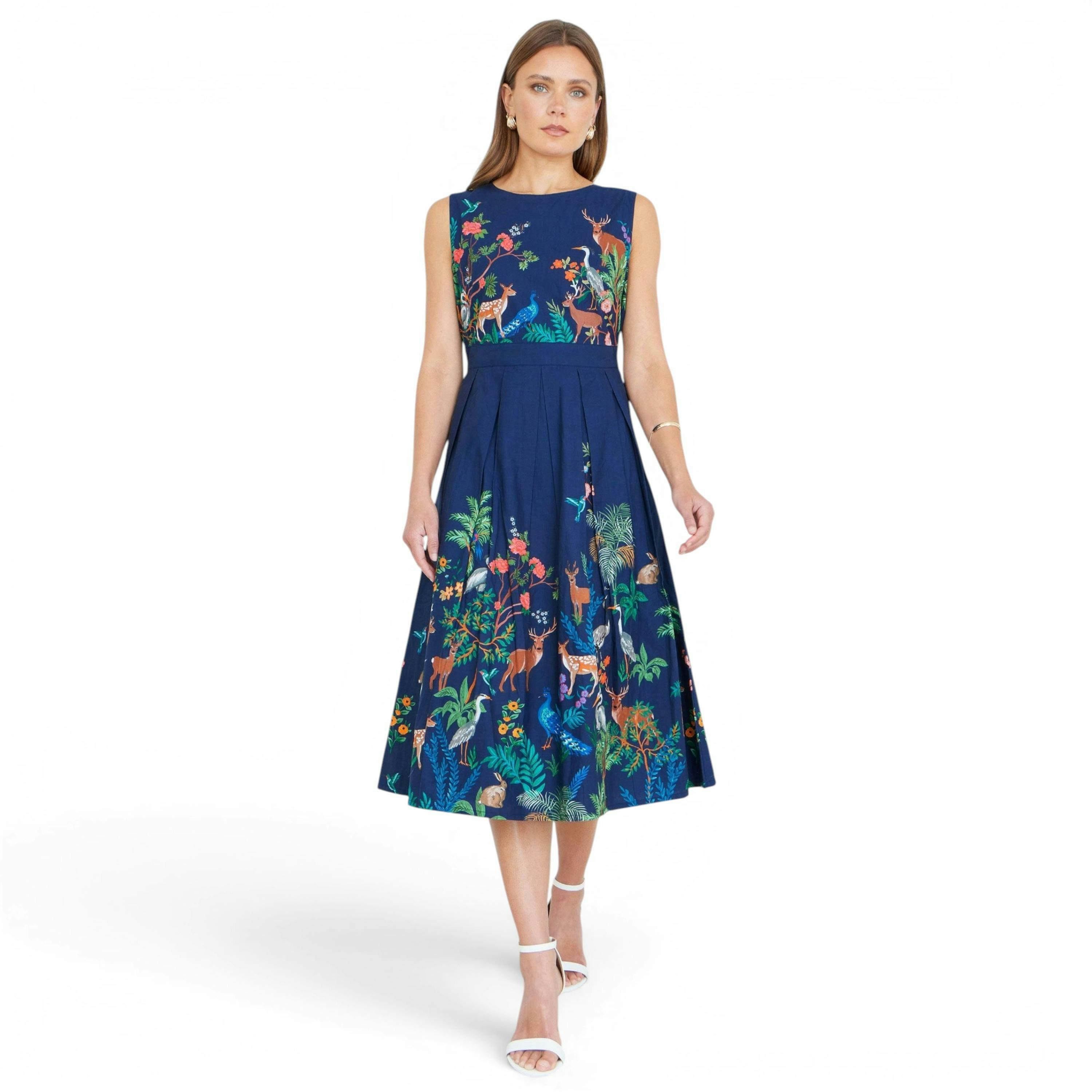 Yumi Navy Woodland Animal Print Cotton Midi Skater Dress , view 3 of 6
