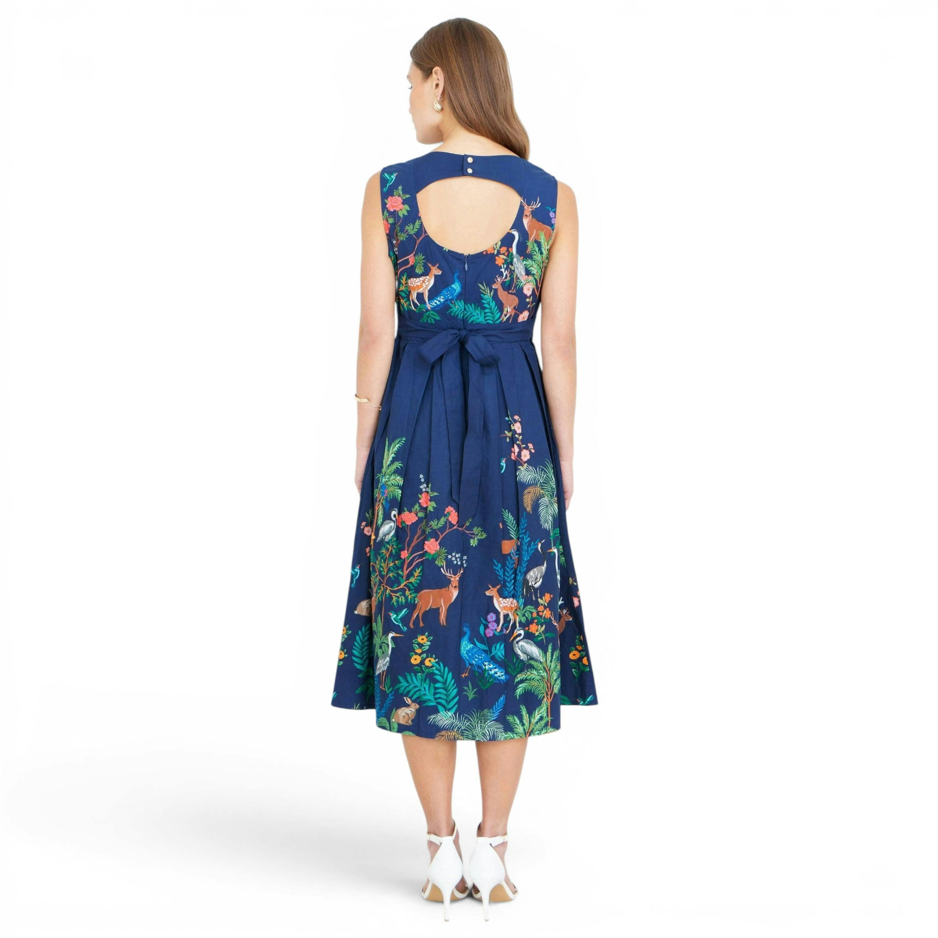 Yumi Navy Woodland Animal Print Cotton Midi Skater Dress , view 4 of 6