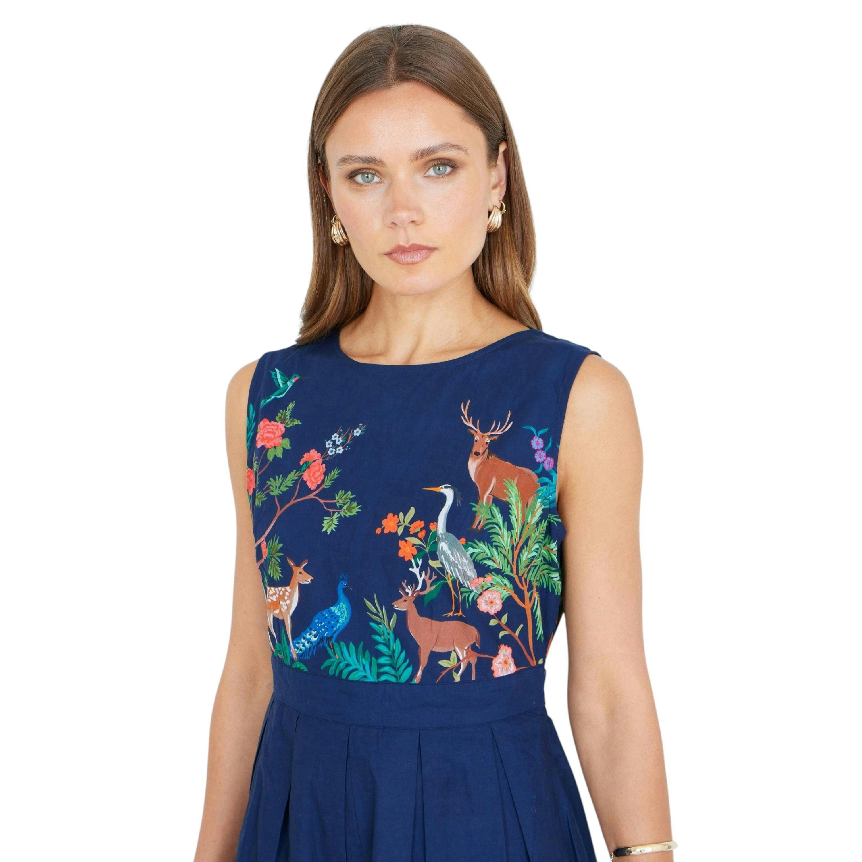 Yumi Navy Woodland Animal Print Cotton Midi Skater Dress , view 5 of 6
