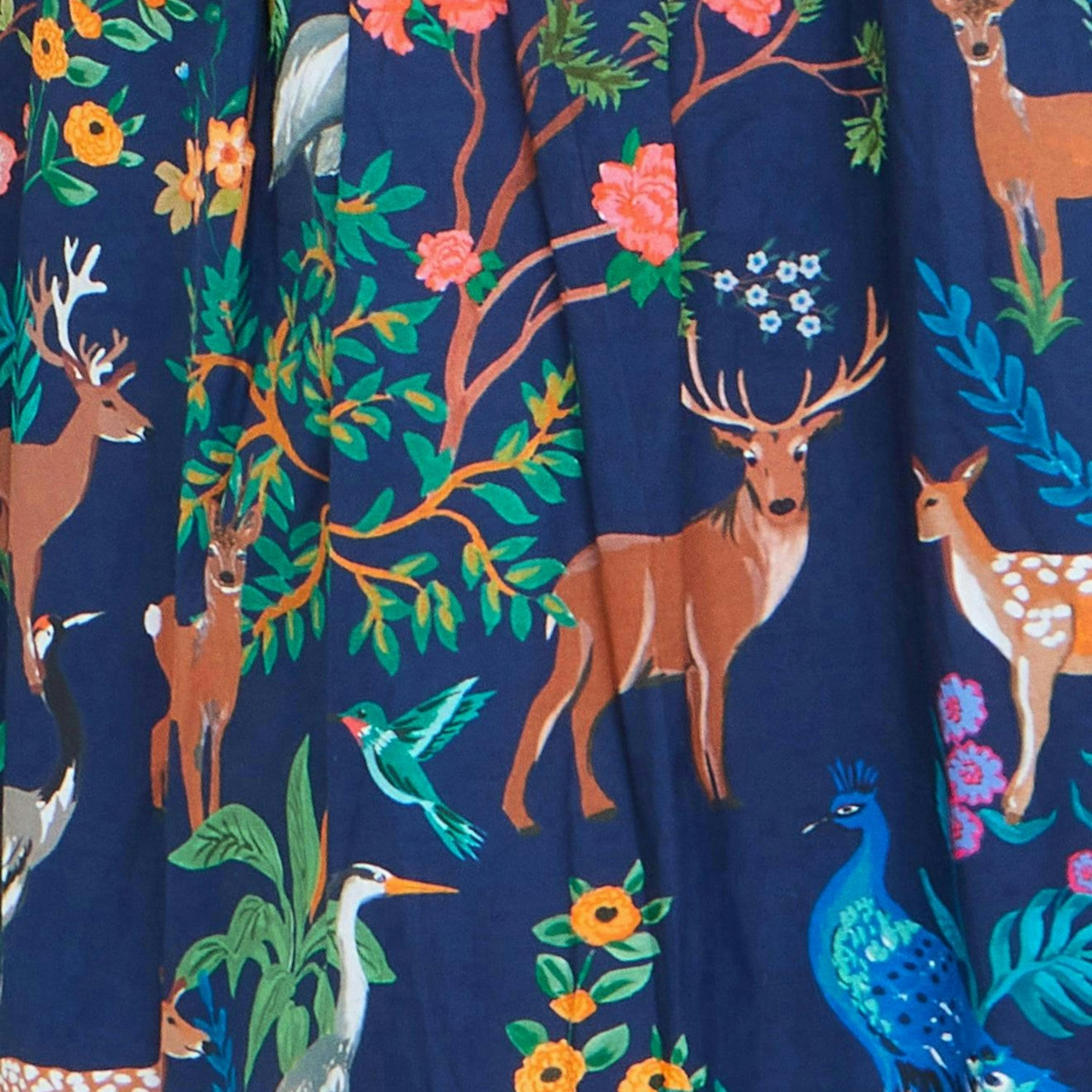 Yumi Navy Woodland Animal Print Cotton Midi Skater Dress , view 6 of 6