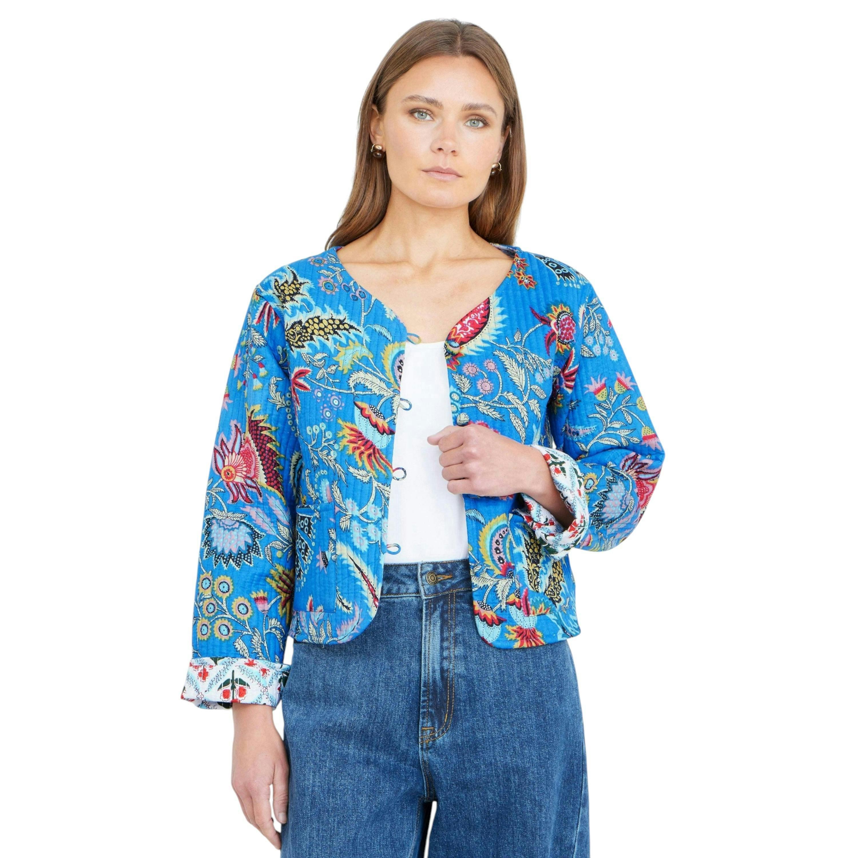 Yumi Blue Boho Print Cotton Reversible Quilted Jacket , view 1 of 6