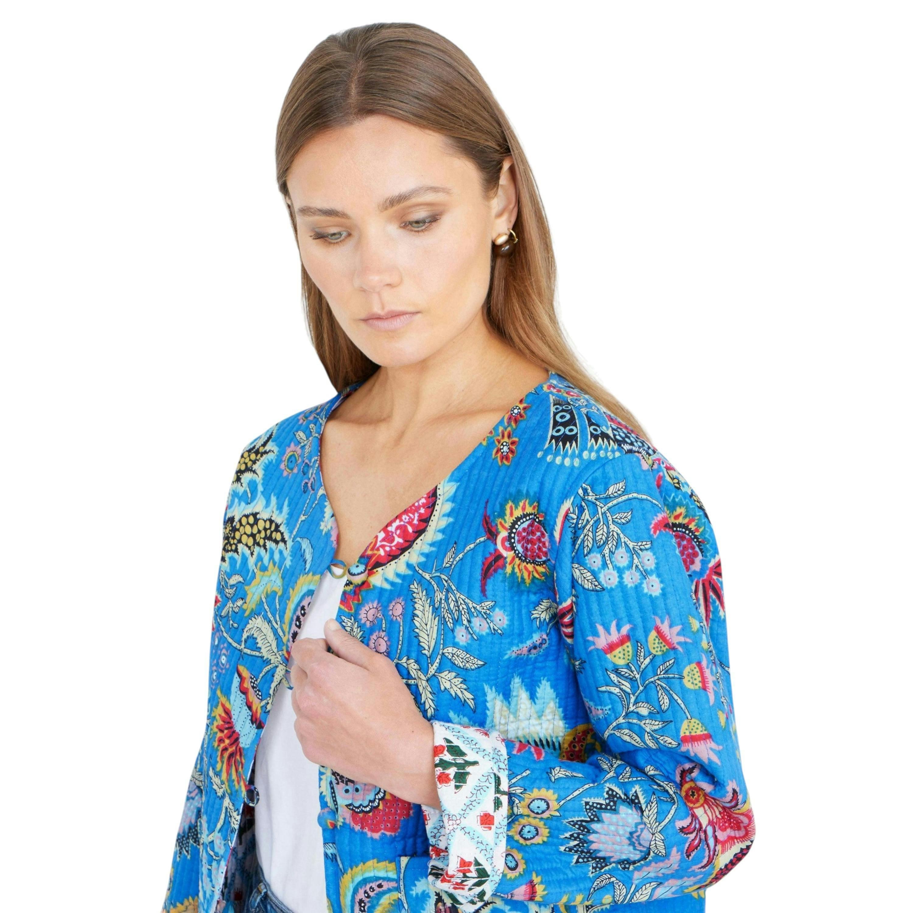 Yumi Blue Boho Print Cotton Reversible Quilted Jacket , view 2 of 6