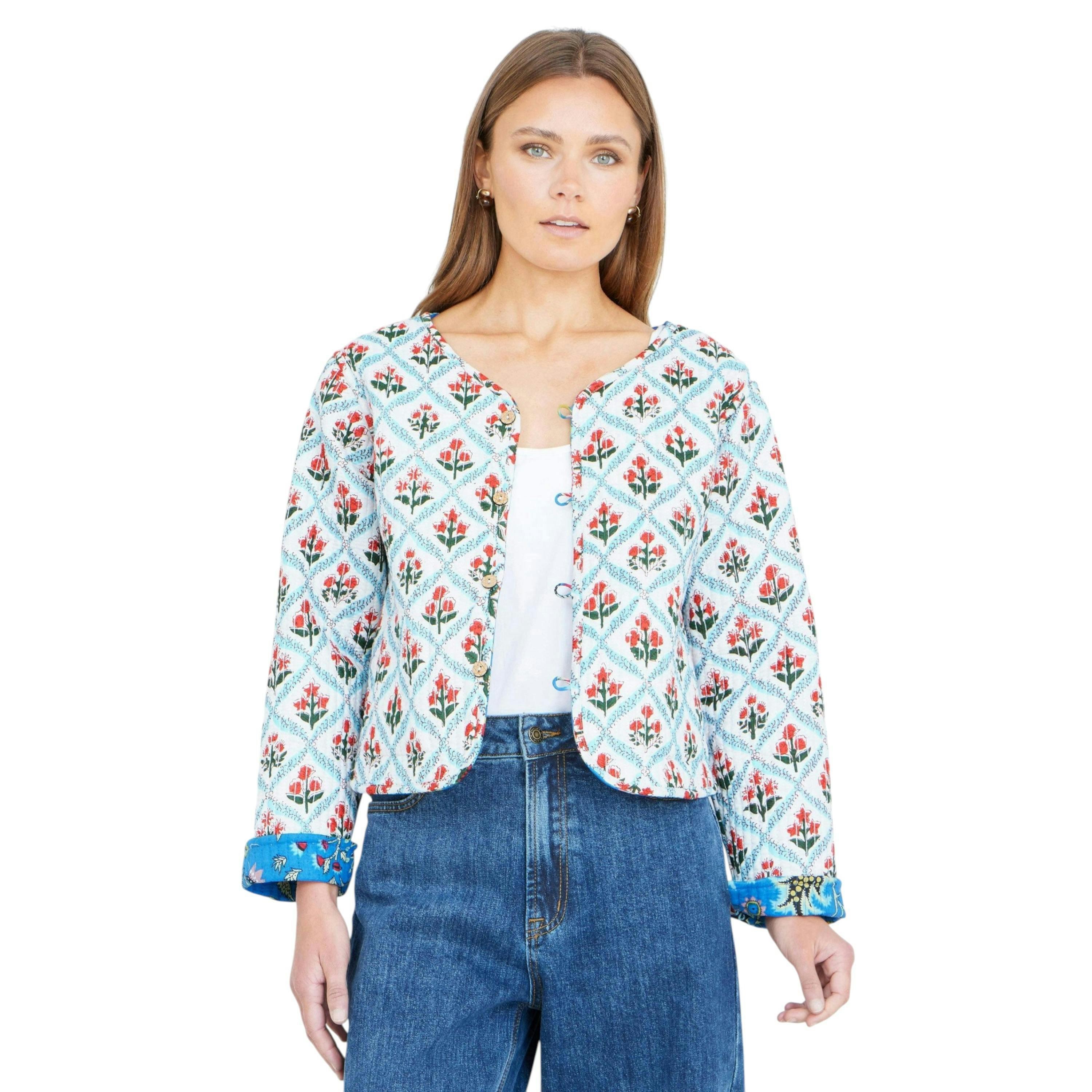 Yumi Blue Boho Print Cotton Reversible Quilted Jacket , view 3 of 6