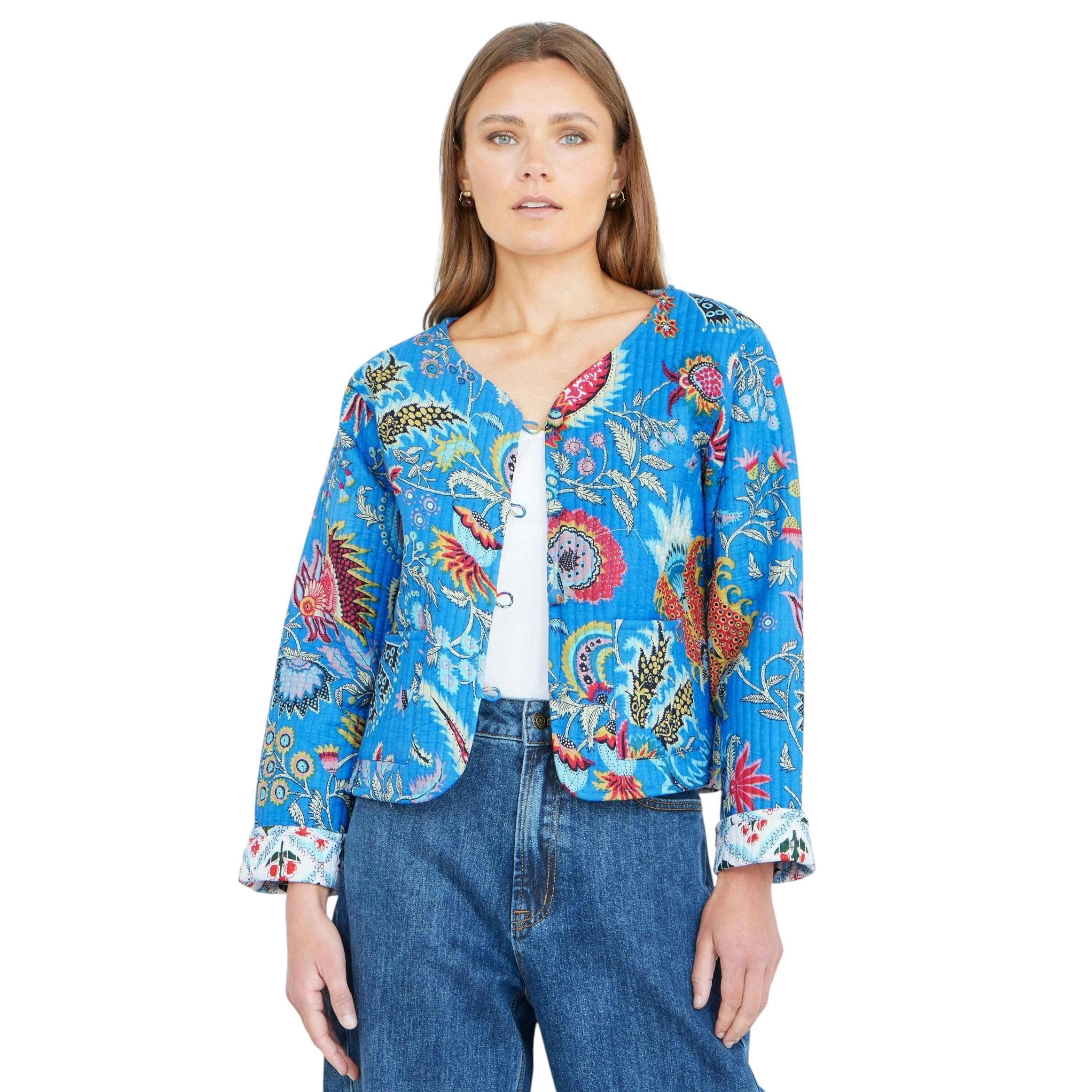 Yumi Blue Boho Print Cotton Reversible Quilted Jacket , view 4 of 6
