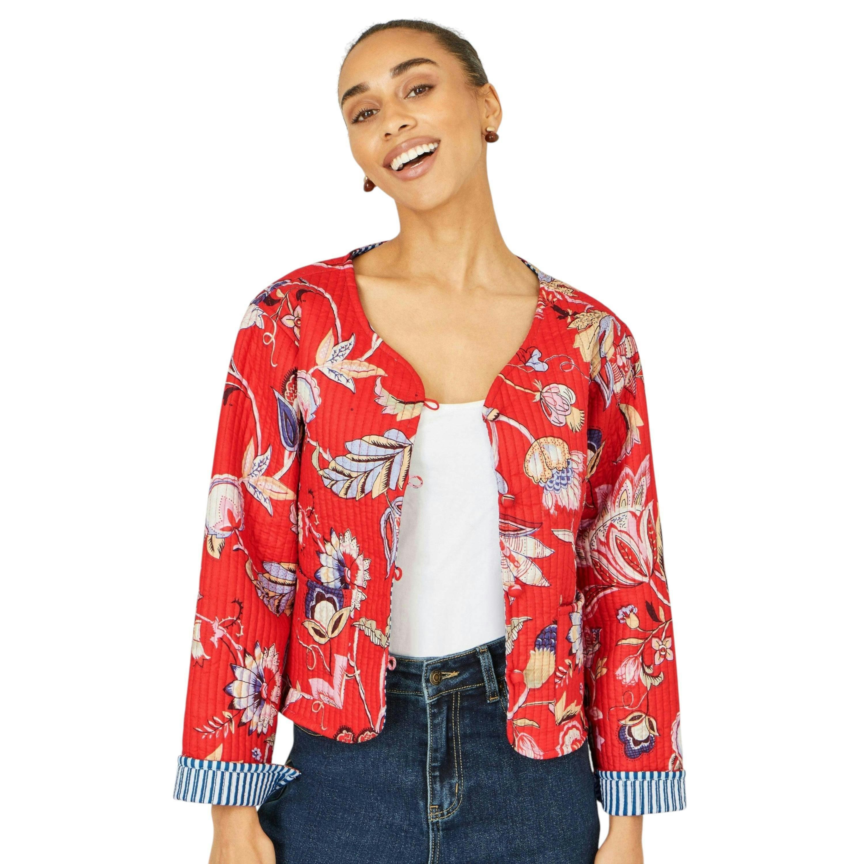 Yumi Red Boho Print Cotton Reversible Quilted Jacket , view 1 of 6
