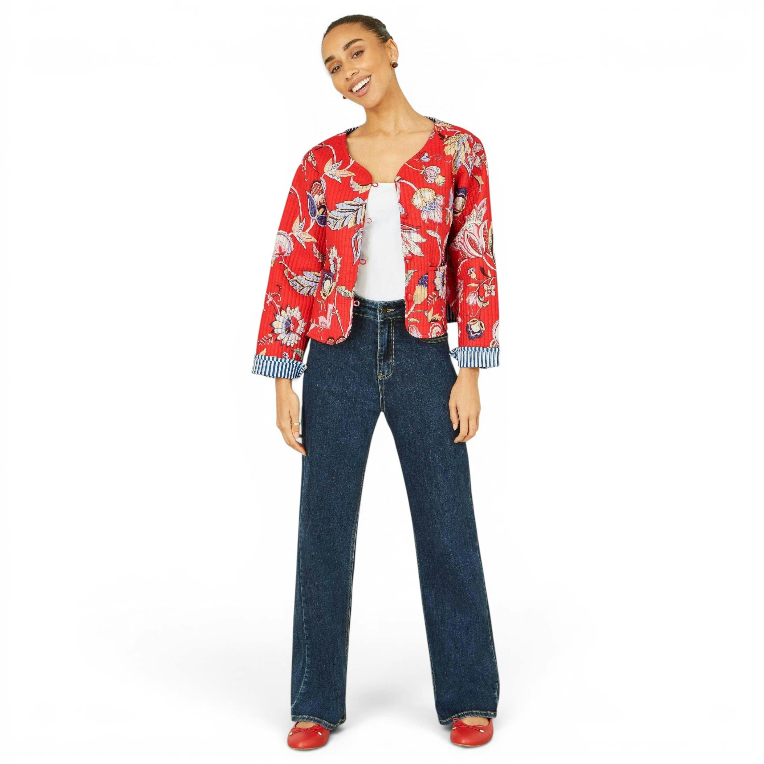 Yumi Red Boho Print Cotton Reversible Quilted Jacket , view 3 of 6