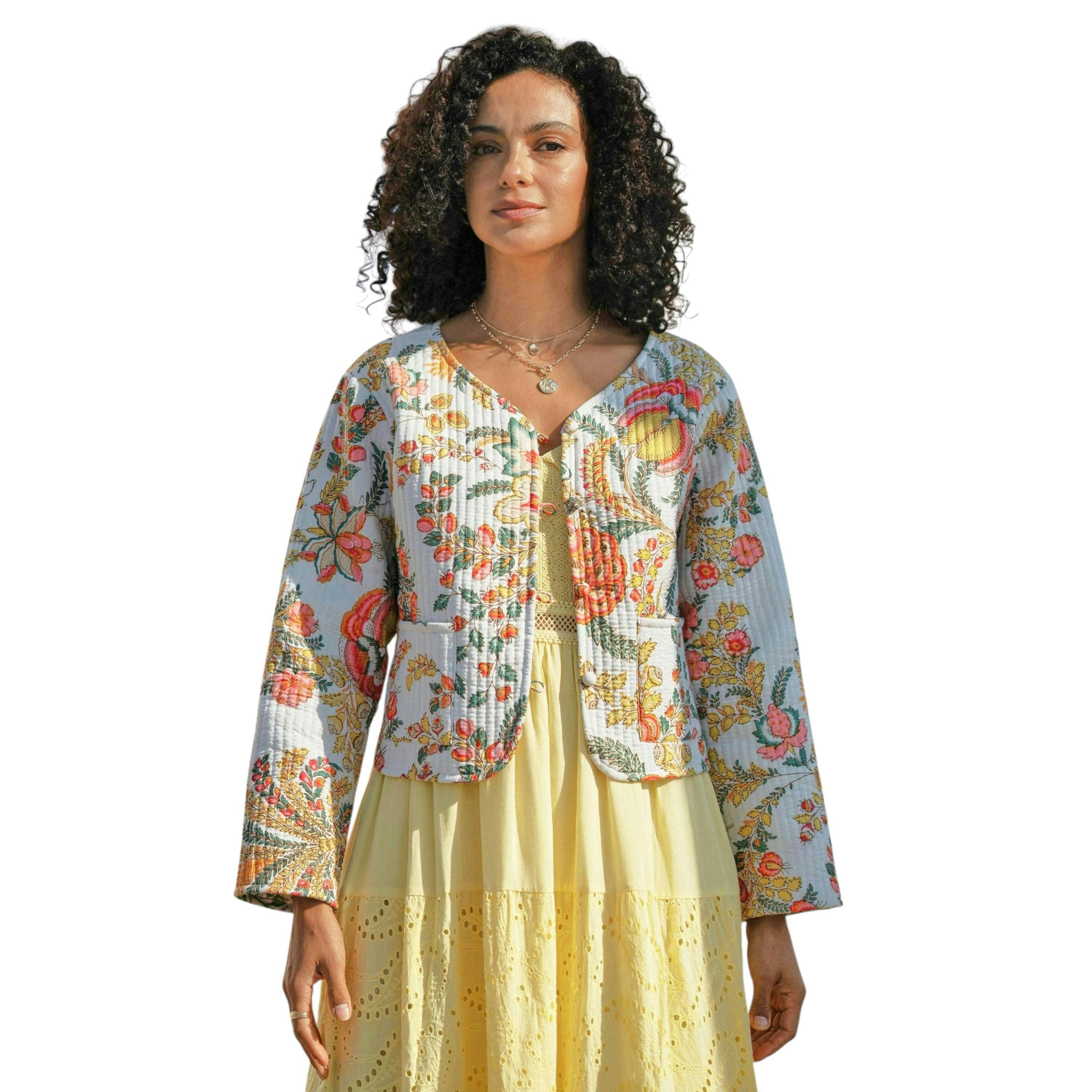 Yumi White Boho Print Cotton Reversible Quilted Jacket , view 1 of 6