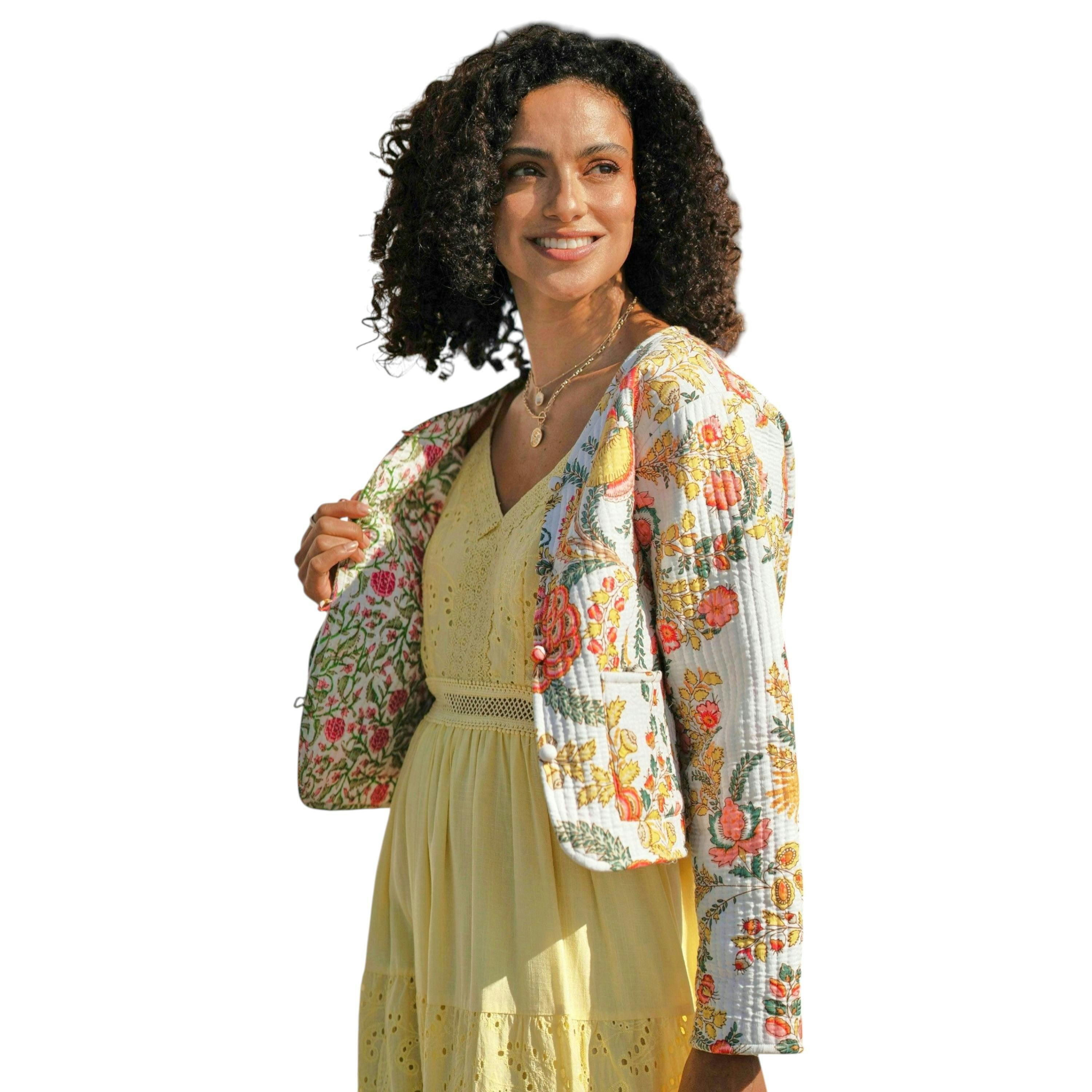 Yumi White Boho Print Cotton Reversible Quilted Jacket , view 2 of 6