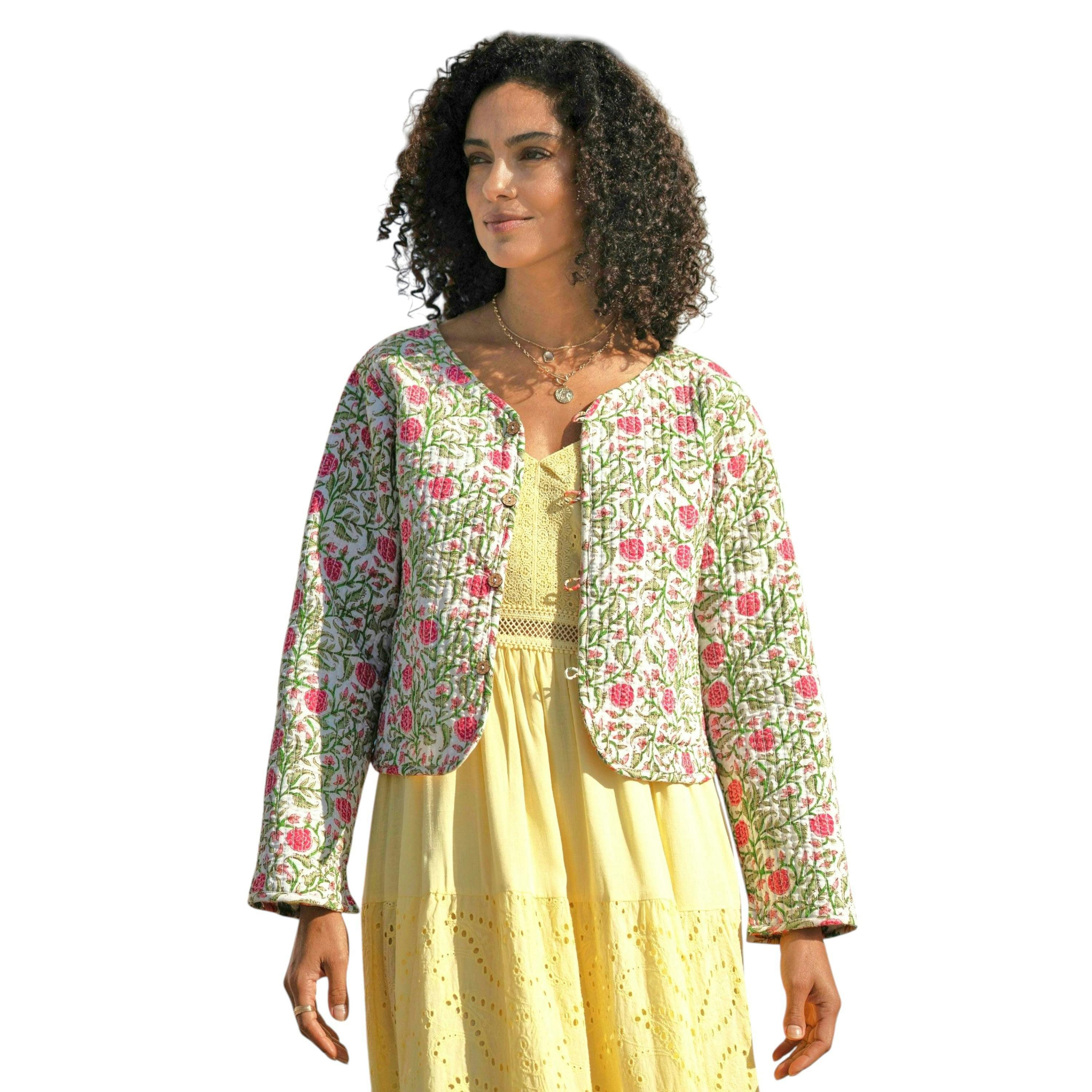 Yumi White Boho Print Cotton Reversible Quilted Jacket , view 3 of 6