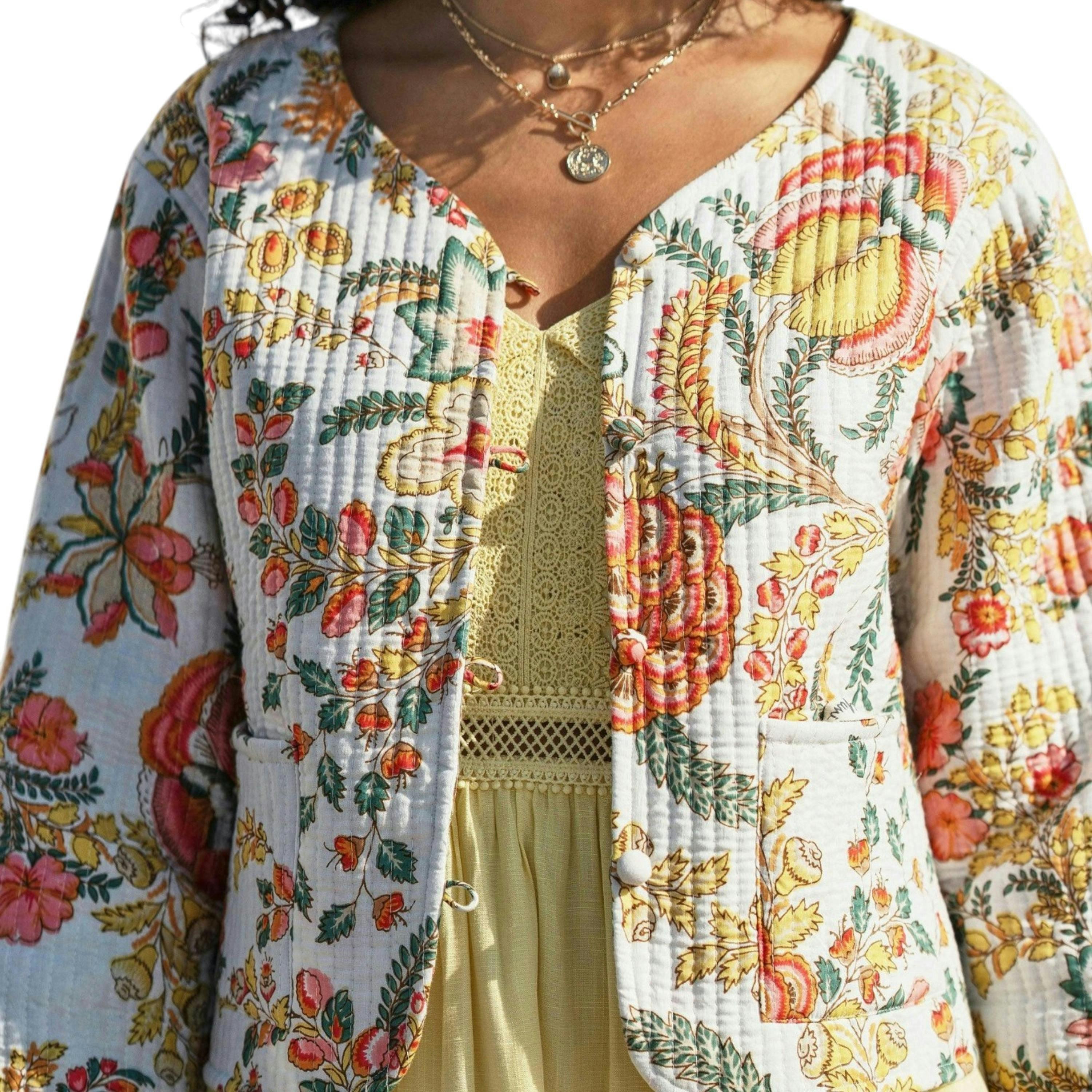 Yumi White Boho Print Cotton Reversible Quilted Jacket , view 5 of 6