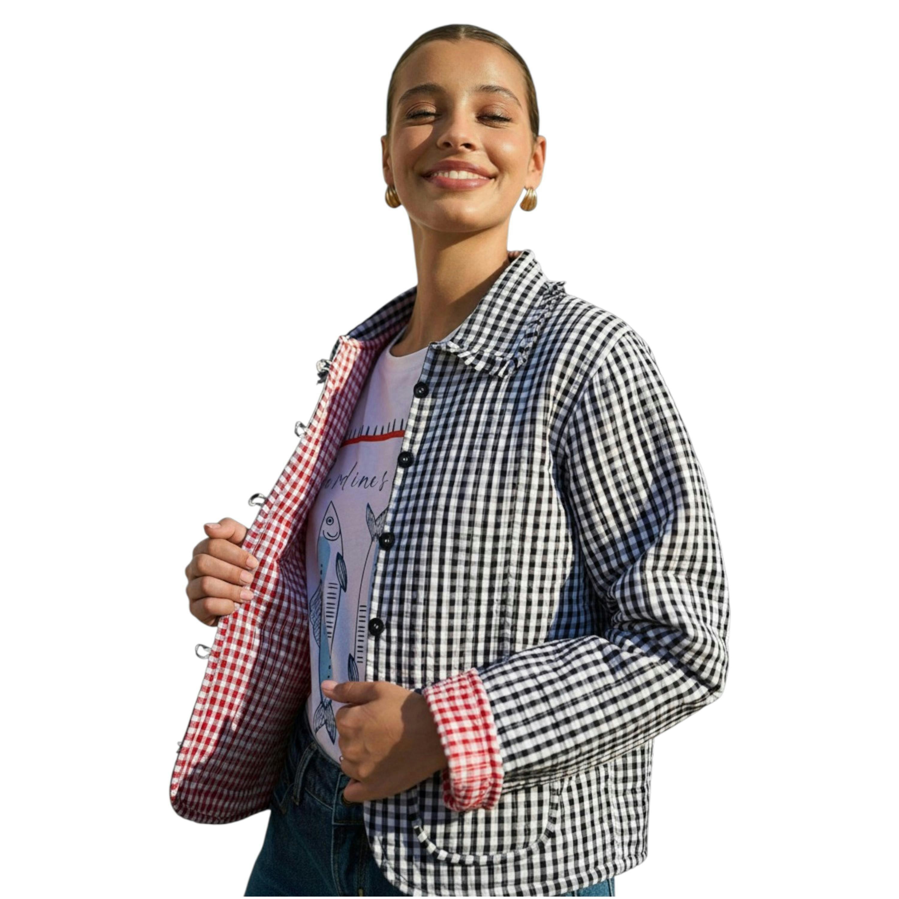 Yumi Black Gingham Frill Collar Jacket , view 1 of 6