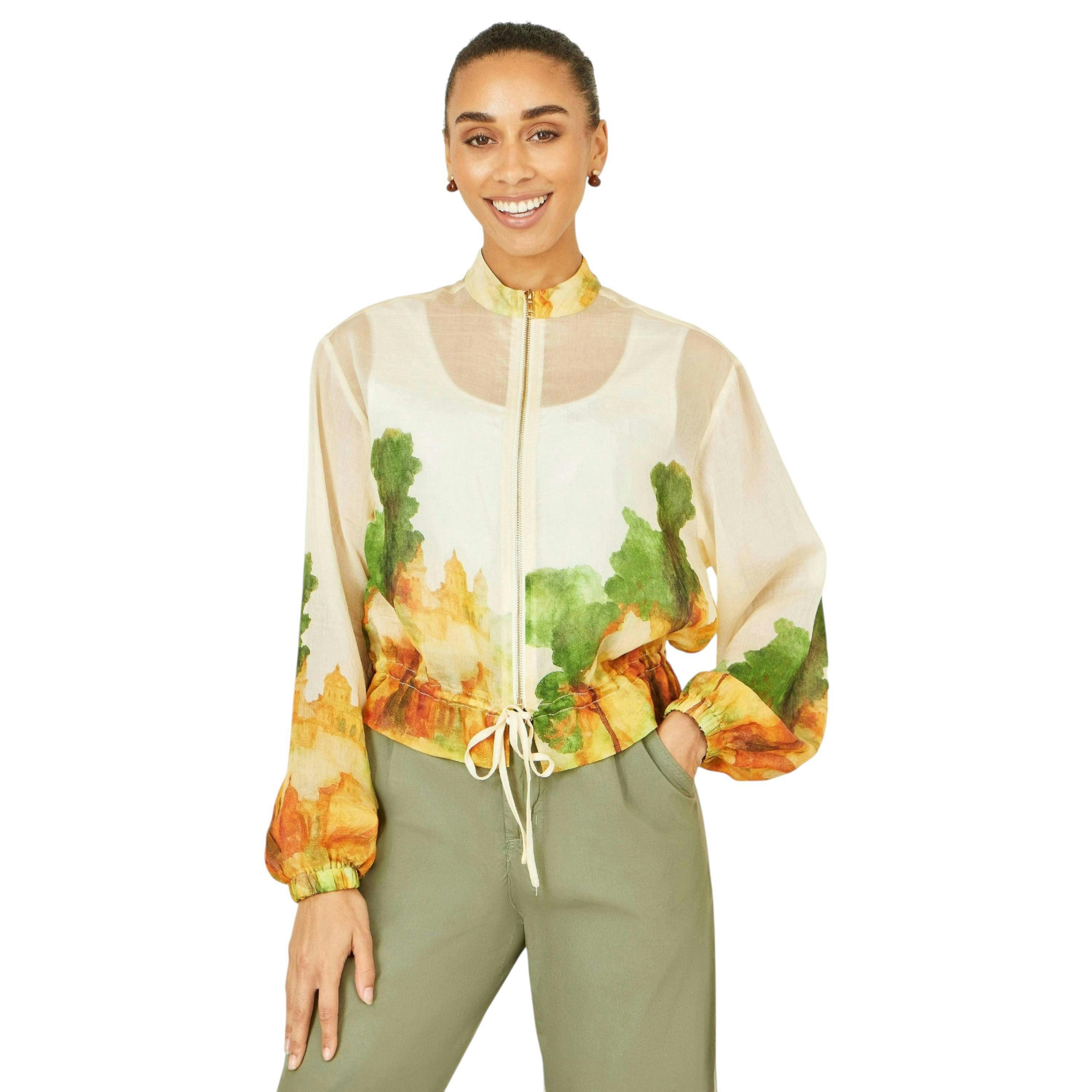 Yumi Beige Printed Lightweight Modal Bomber Jacket , view 1 of 6