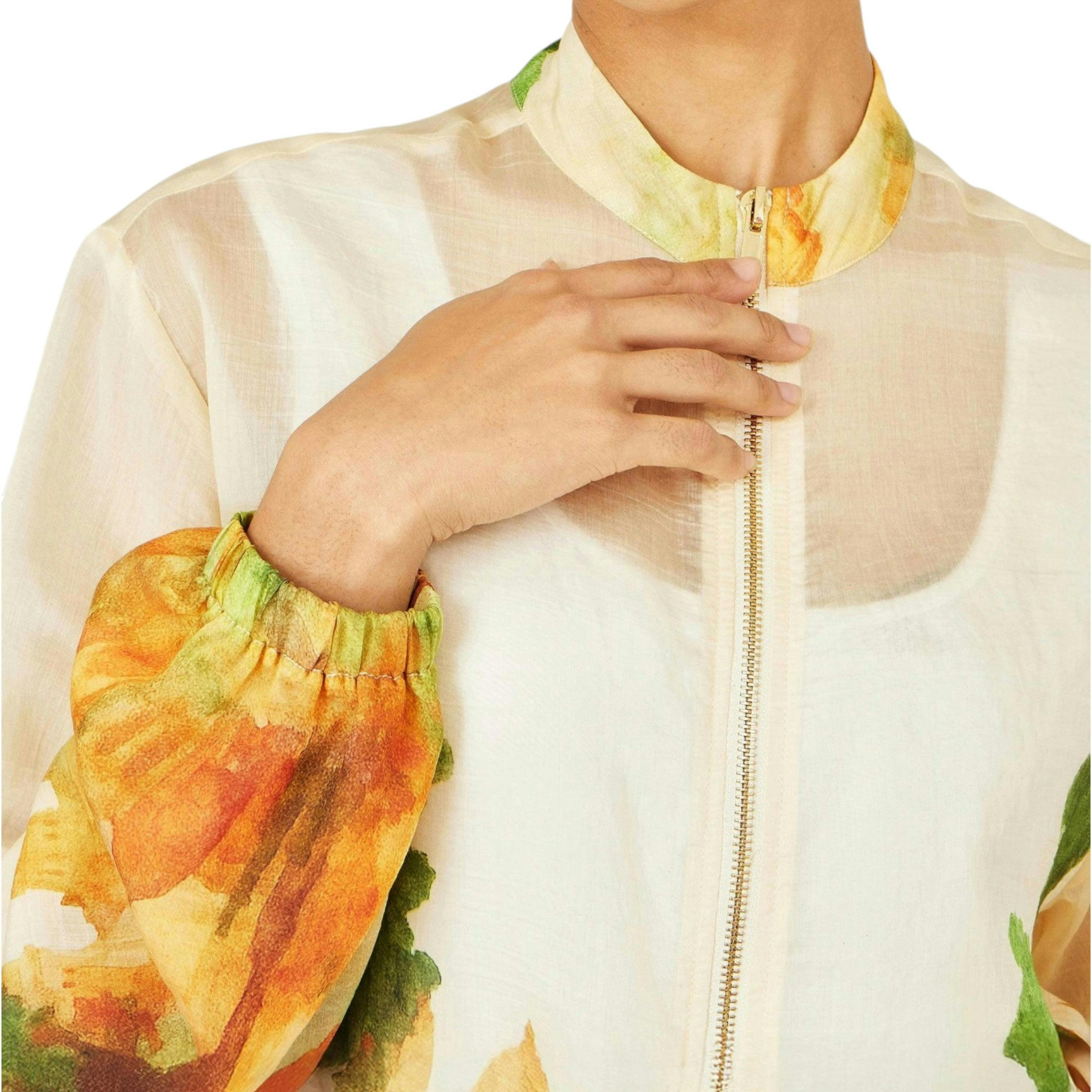 Yumi Beige Printed Lightweight Modal Bomber Jacket , view 2 of 6