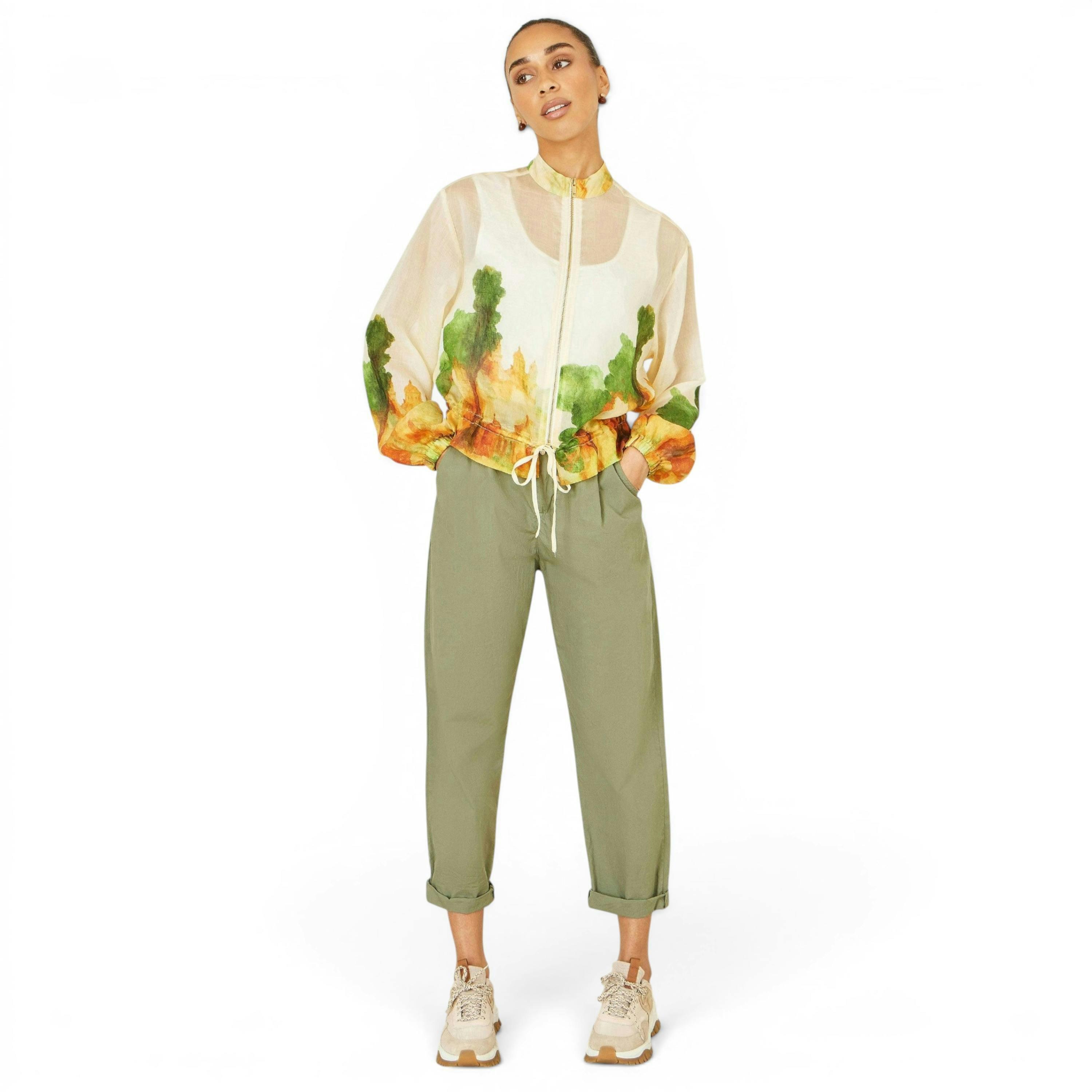 Yumi Beige Printed Lightweight Modal Bomber Jacket , view 3 of 6