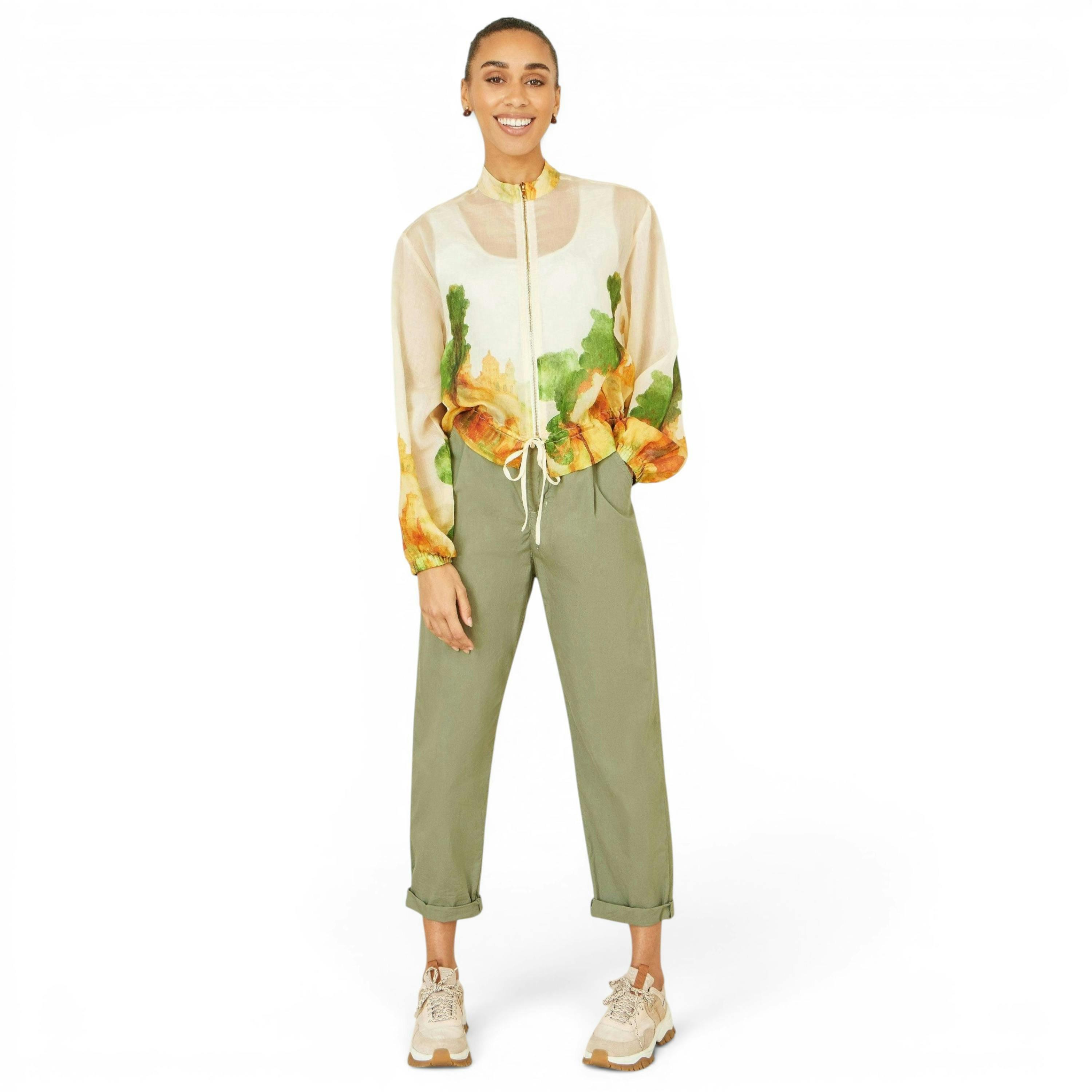 Yumi Beige Printed Lightweight Modal Bomber Jacket , view 5 of 6