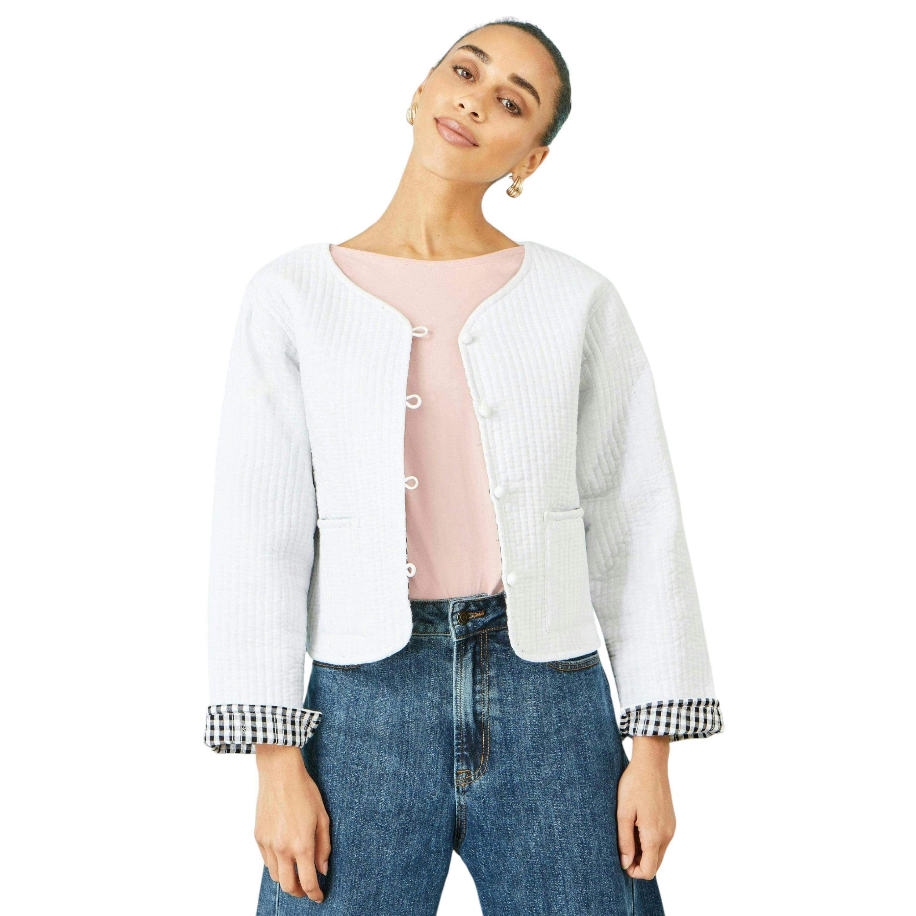 Yumi White Gingham Reversible Cotton Quilted Cropped Jacket , view 1 of 6