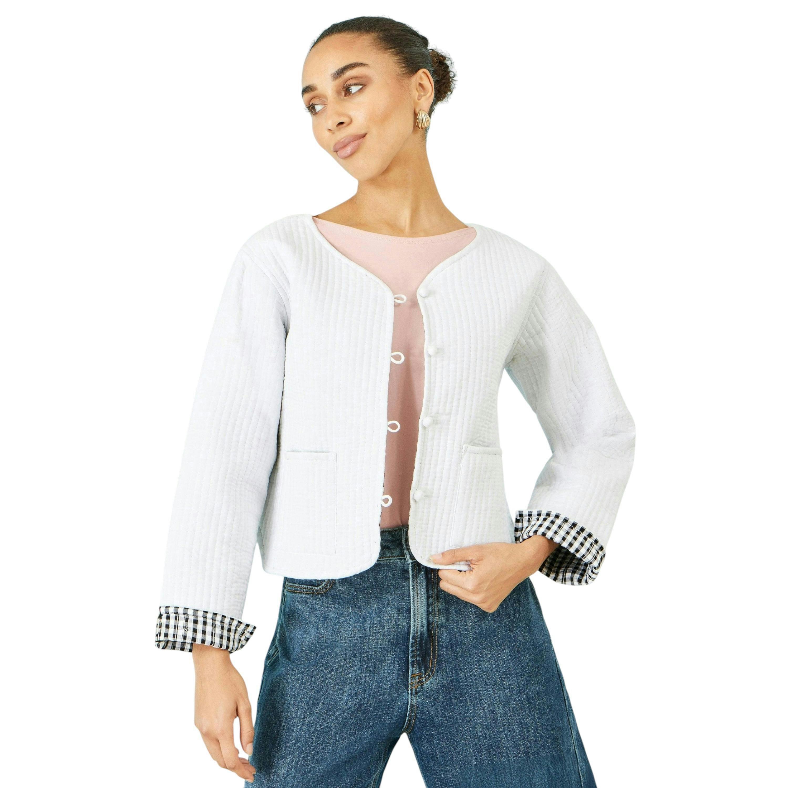 Yumi White Gingham Reversible Cotton Quilted Cropped Jacket , view 6 of 6