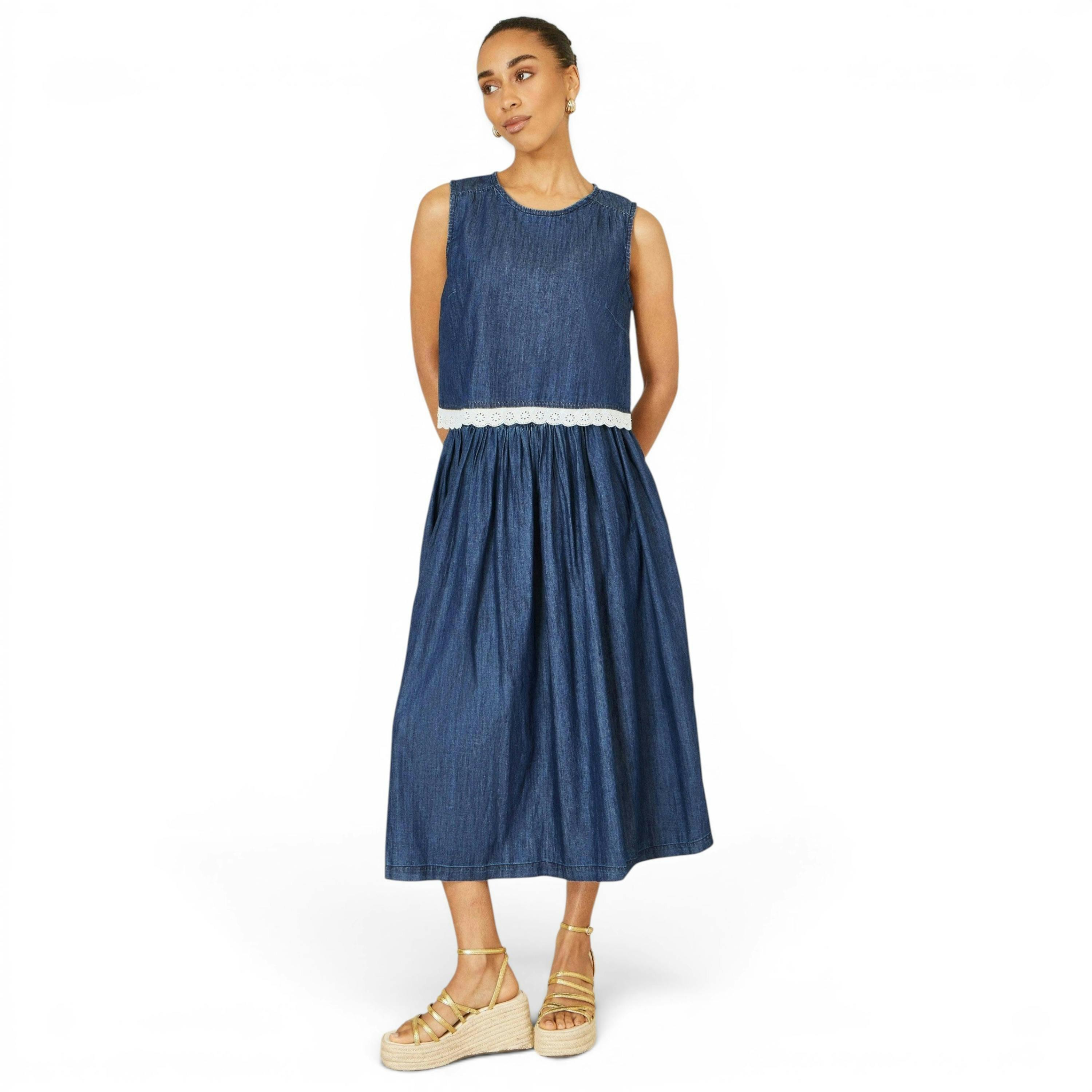 Yumi Blue Denim Chambray Gathered Midi Skirt , view 1 of 5