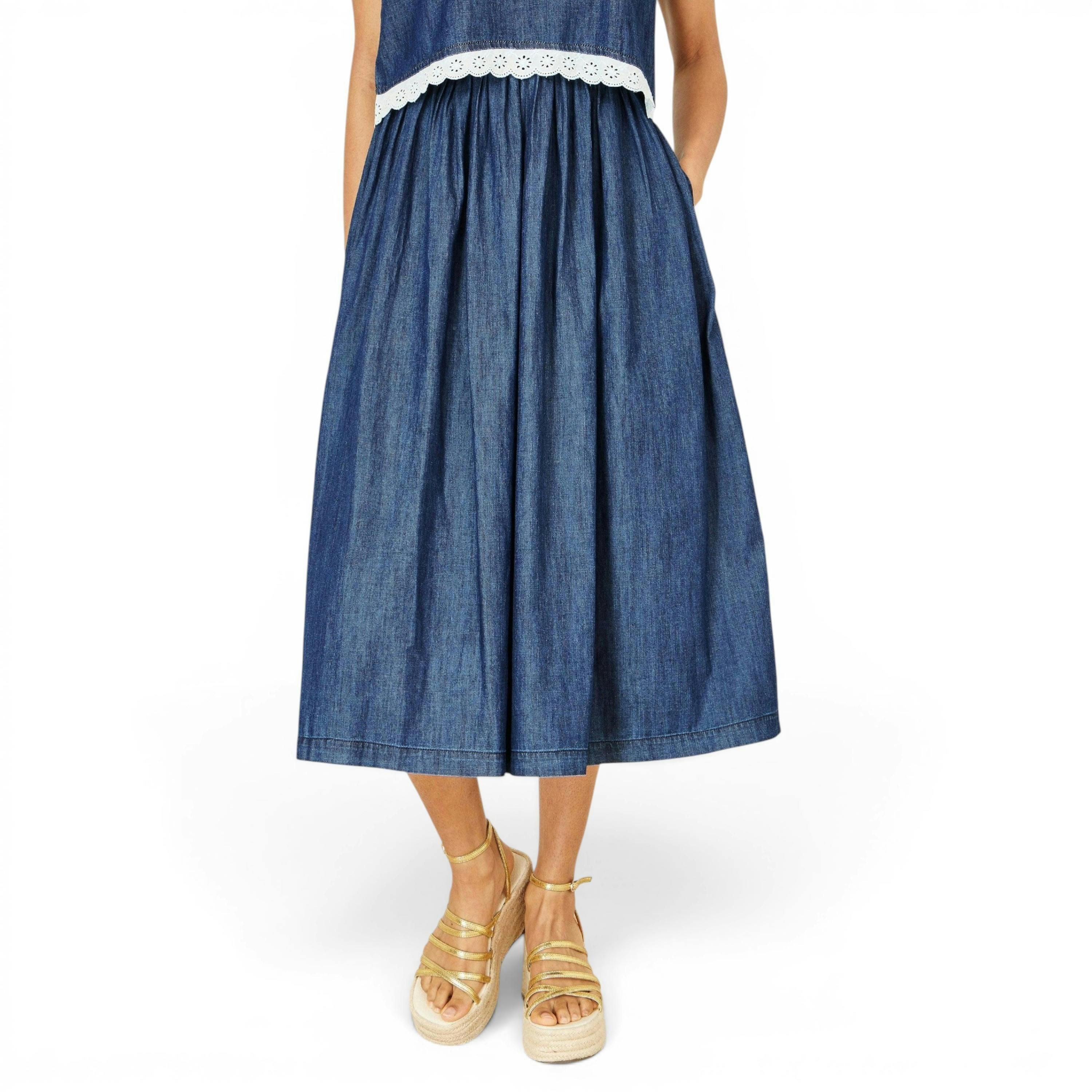 Yumi Blue Denim Chambray Gathered Midi Skirt , view 2 of 5