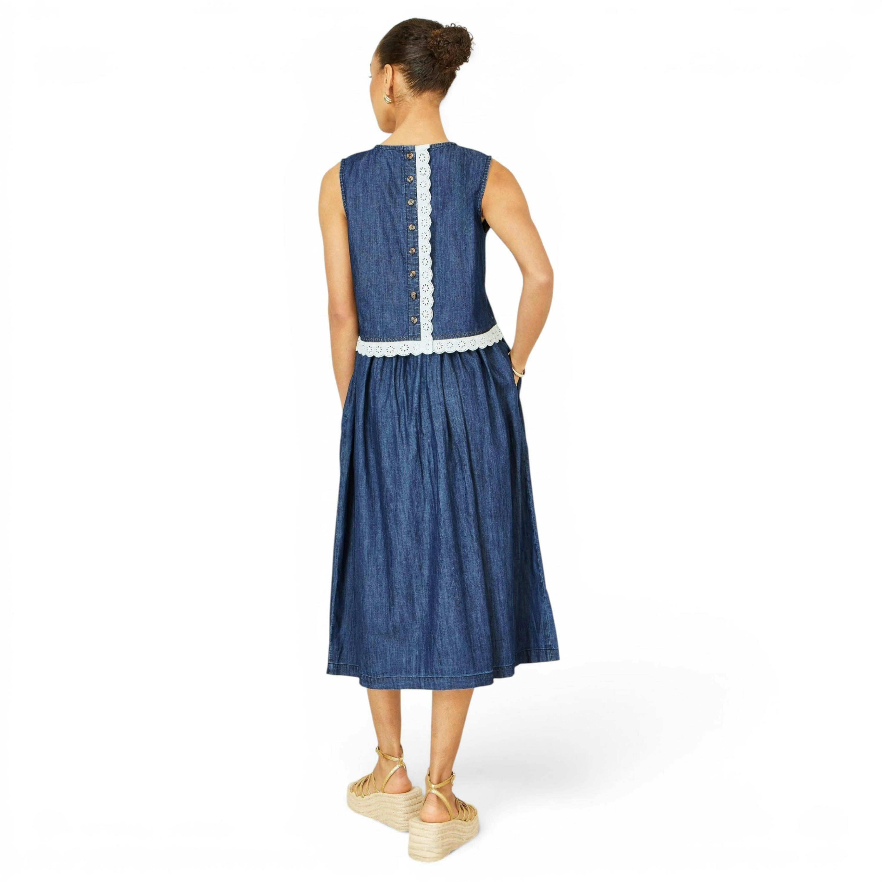 Yumi Blue Denim Chambray Gathered Midi Skirt , view 3 of 5