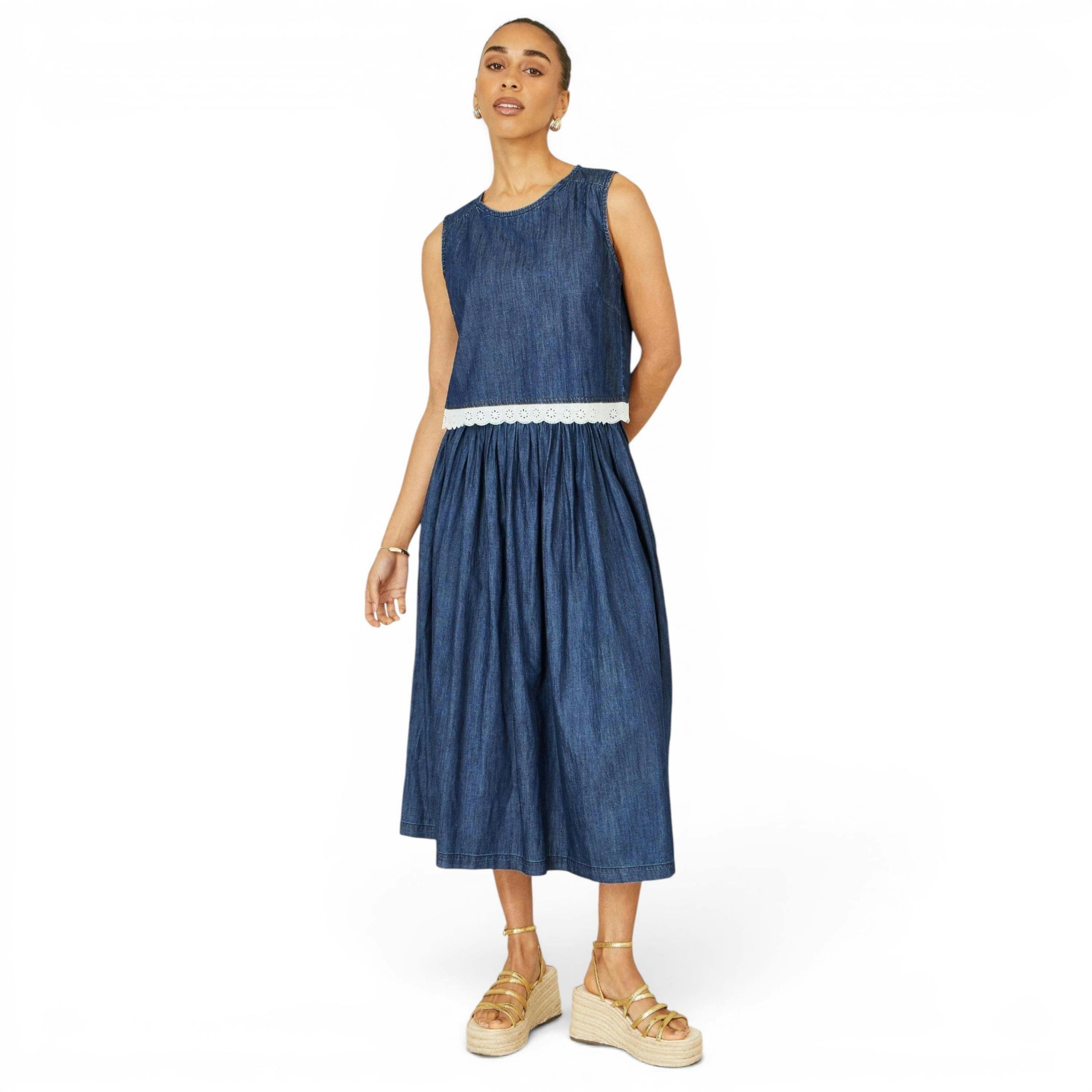 Yumi Blue Denim Chambray Gathered Midi Skirt , view 4 of 5
