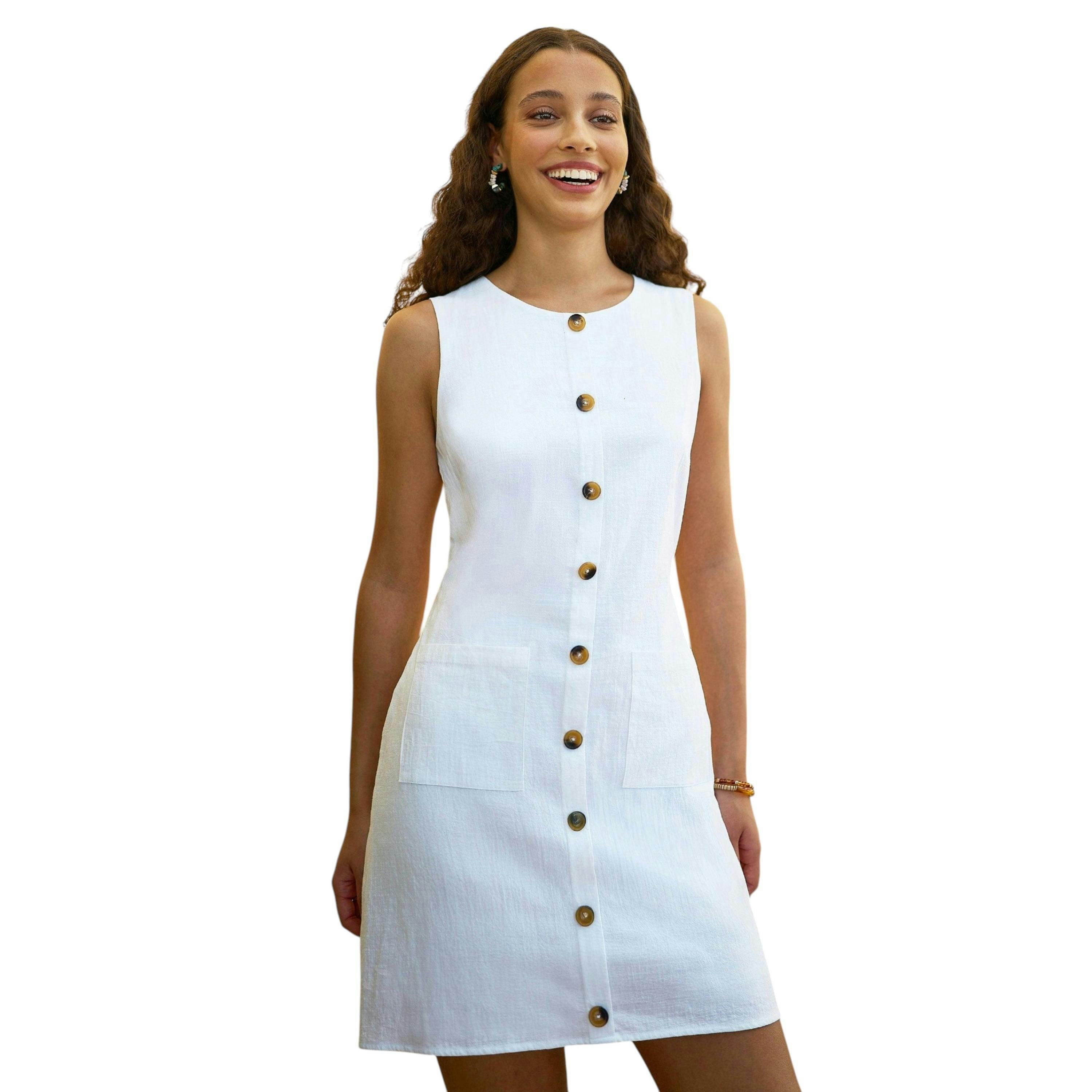 Yumi White Viscose Button Detail Shift Dress , view 1 of 6
