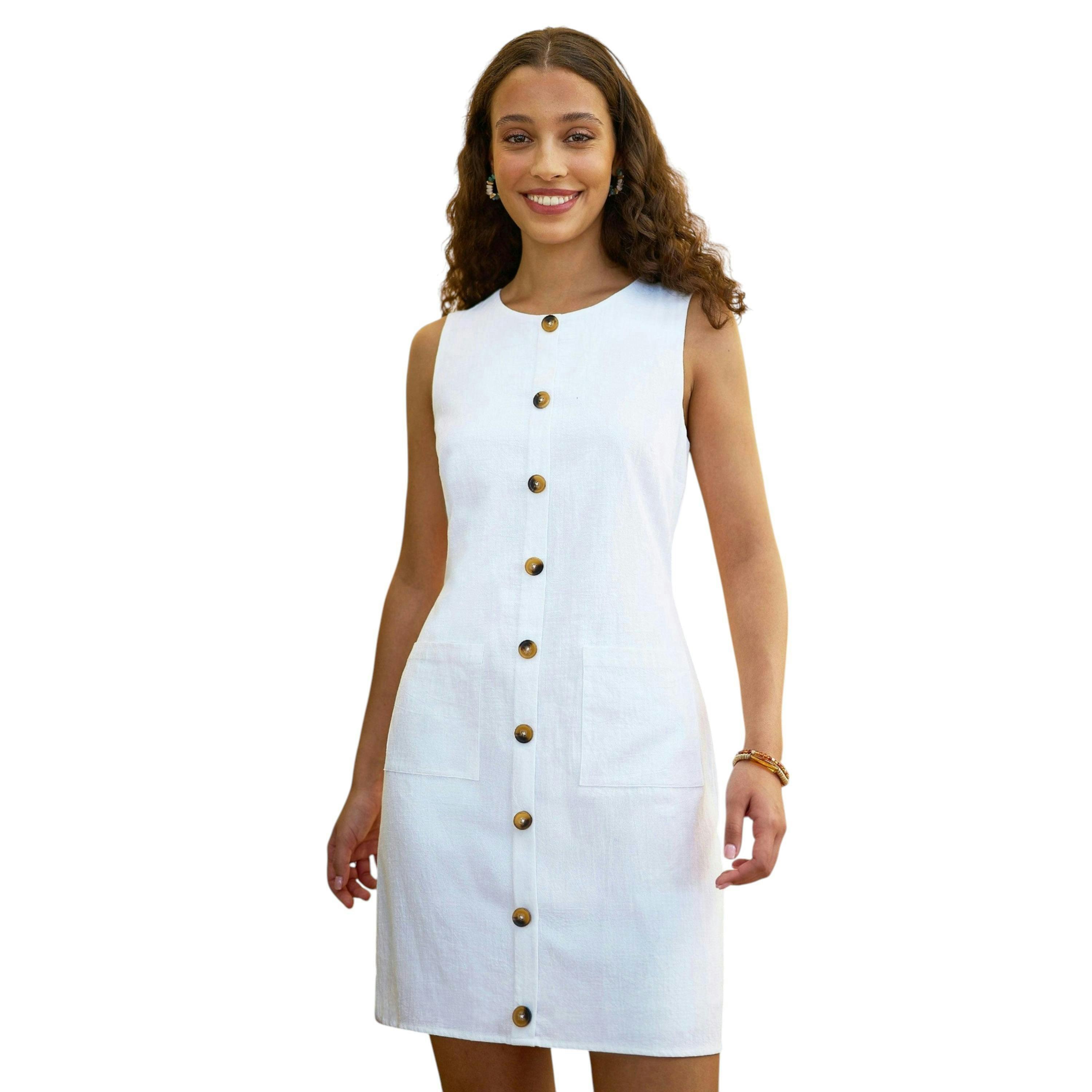 Yumi White Viscose Button Detail Shift Dress , view 6 of 6