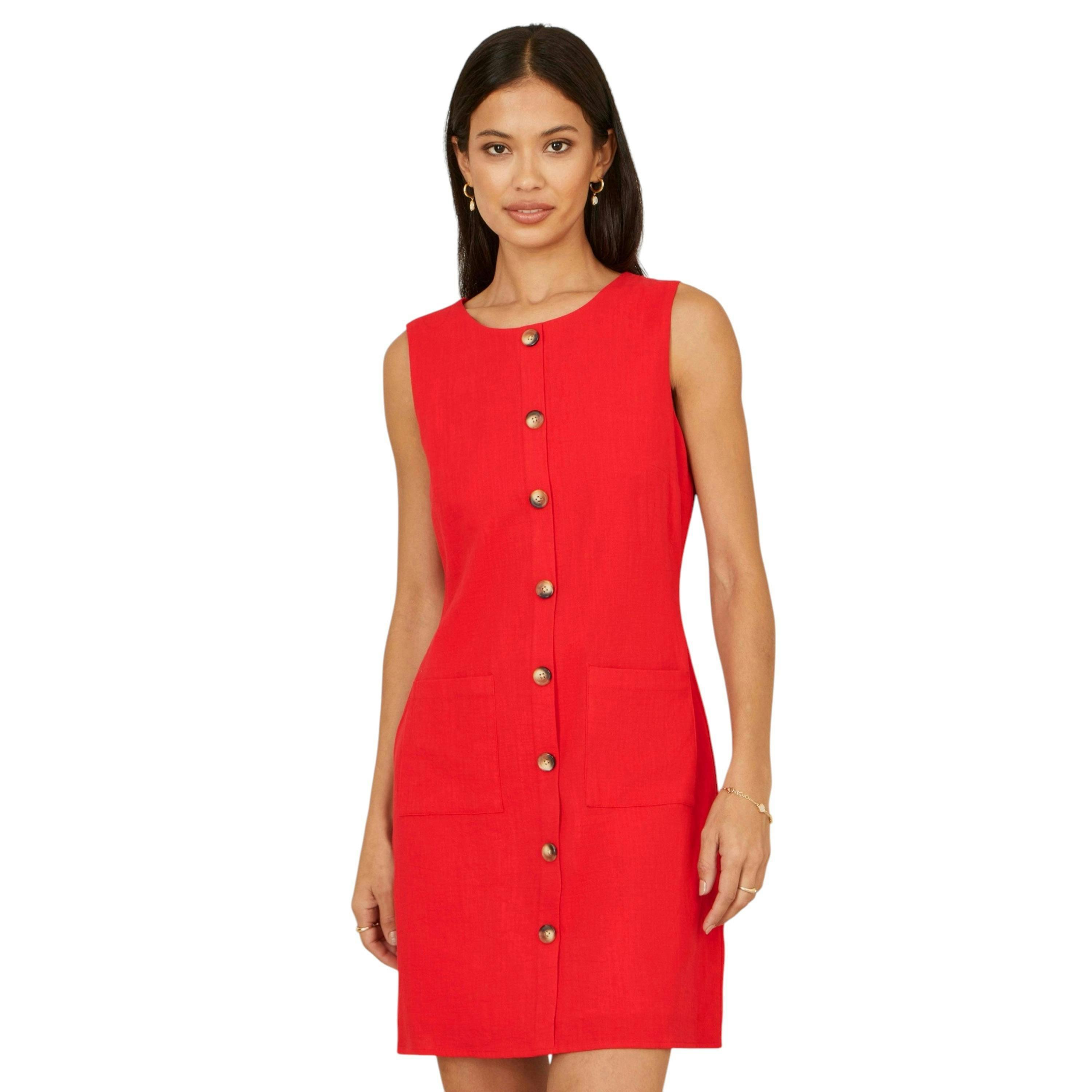 Yumi Red Viscose Button Detail Shift Dress , view 1 of 6