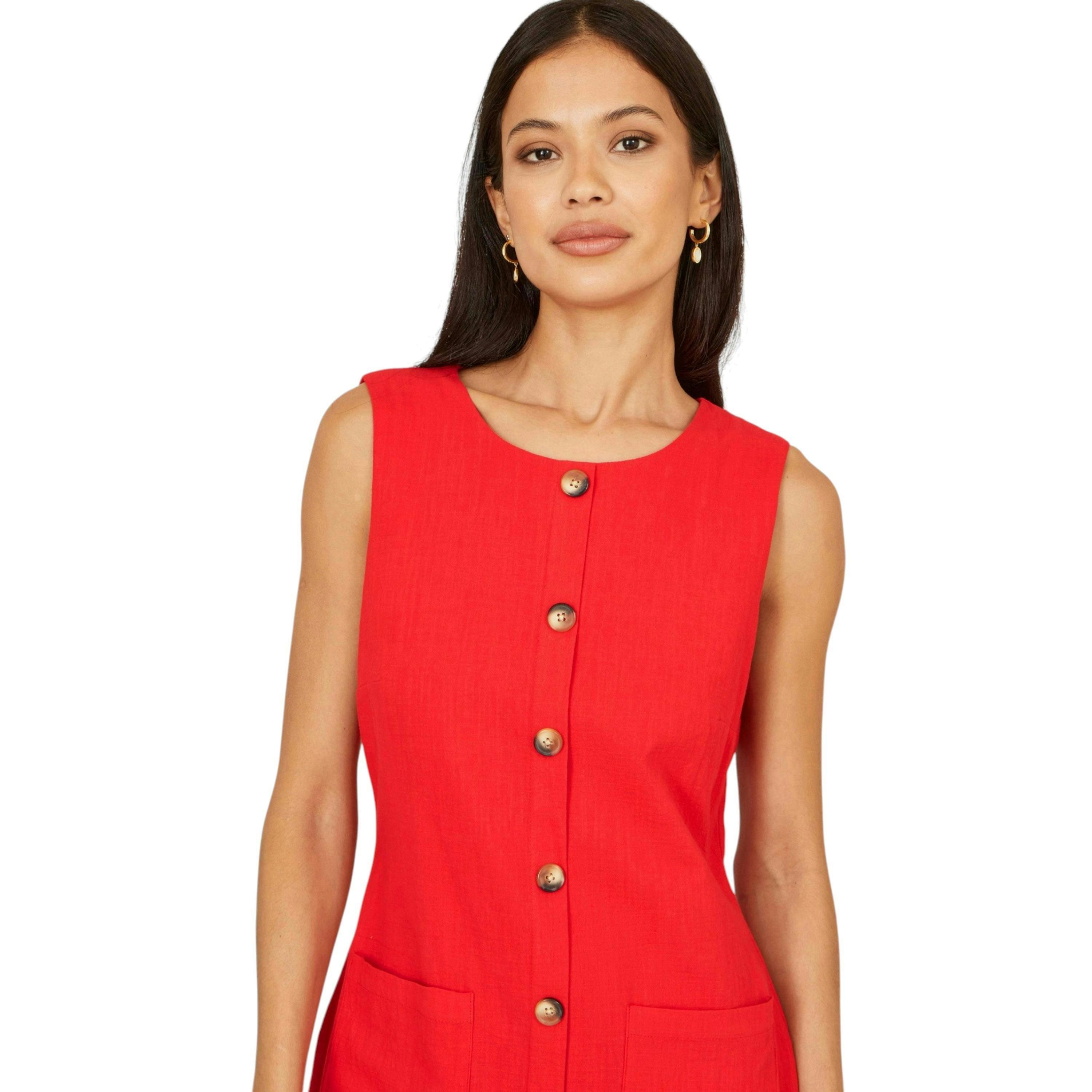 Yumi Red Viscose Button Detail Shift Dress , view 2 of 6