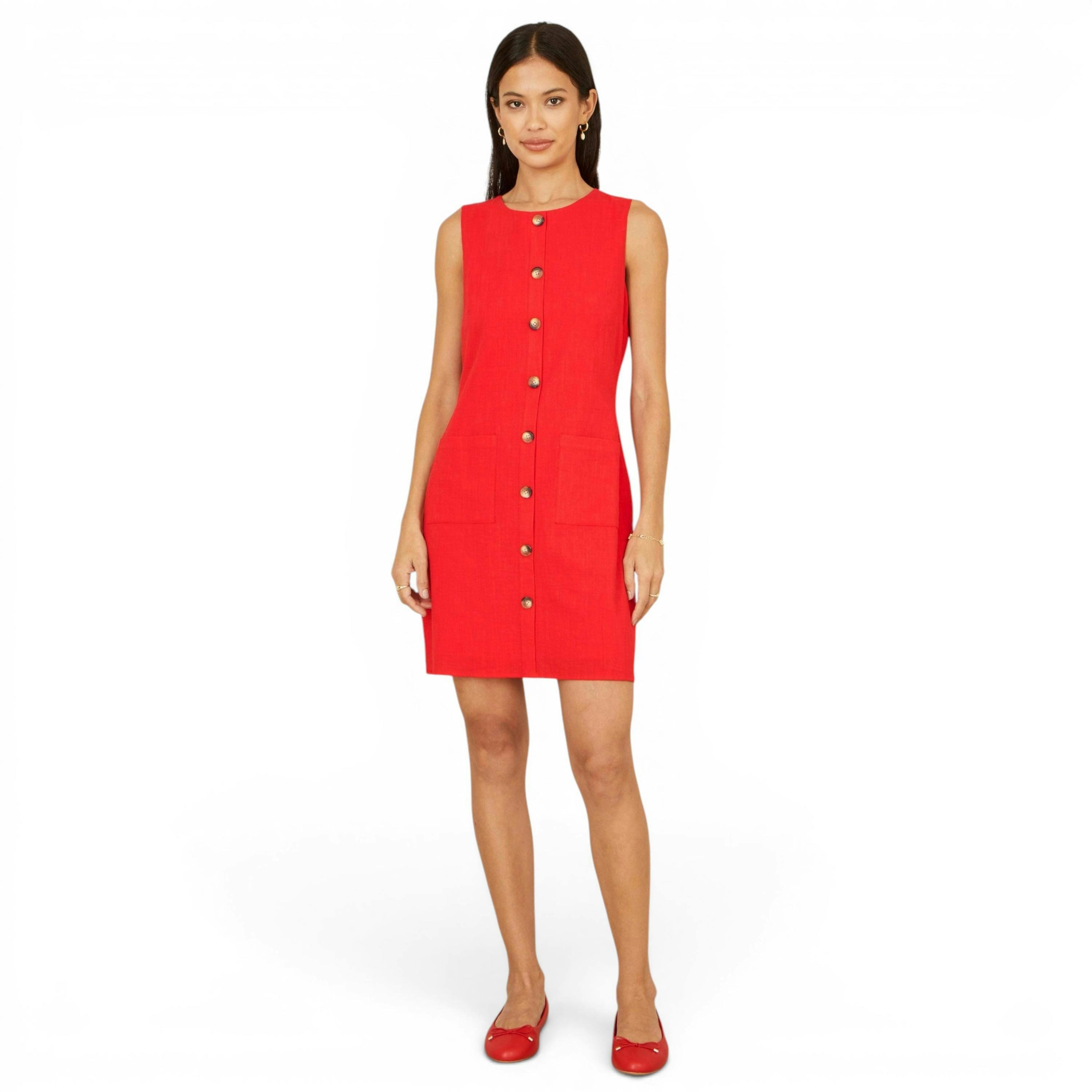Yumi Red Viscose Button Detail Shift Dress , view 3 of 6