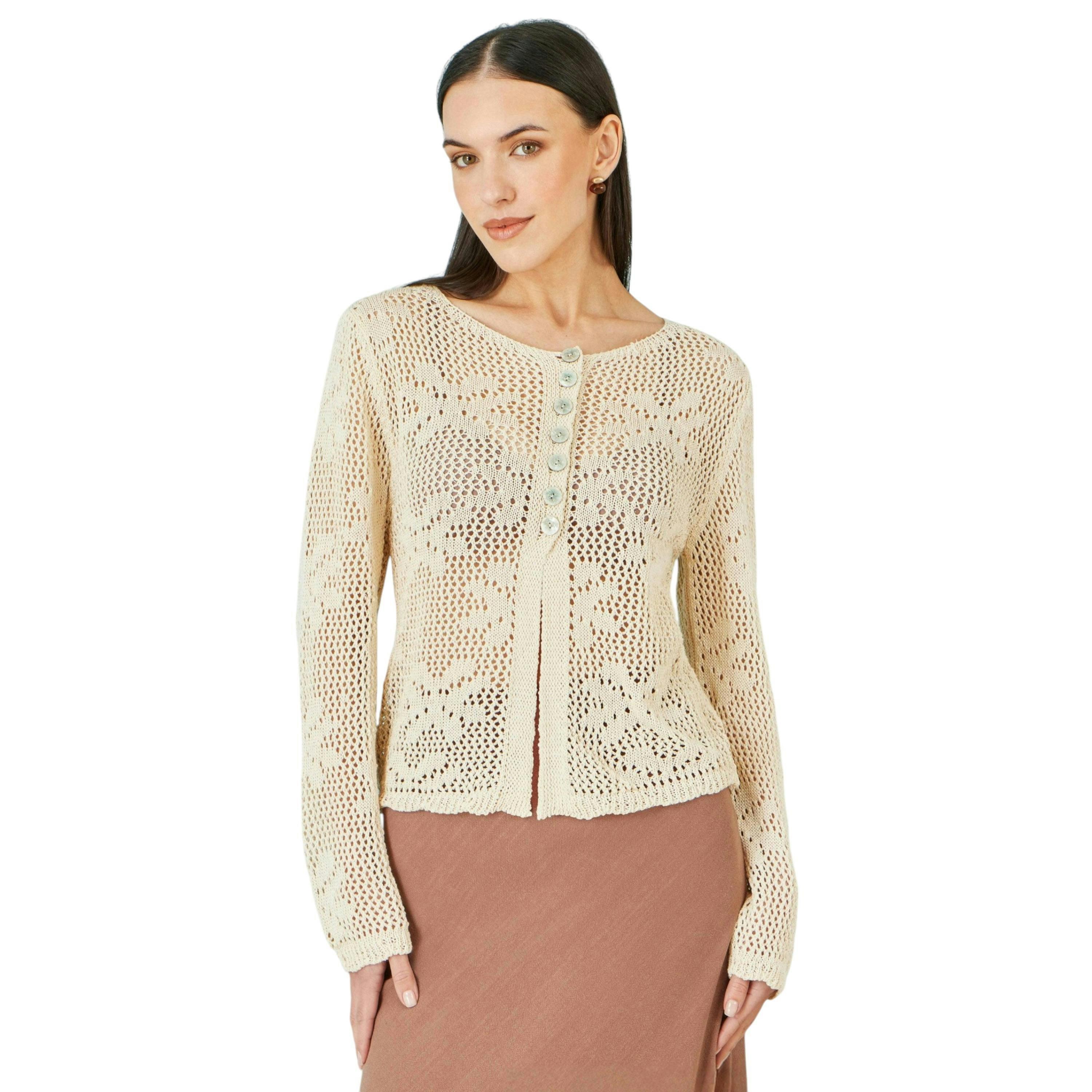 Yumi Beige Flower Crochet Button Up Cardigan , view 1 of 5