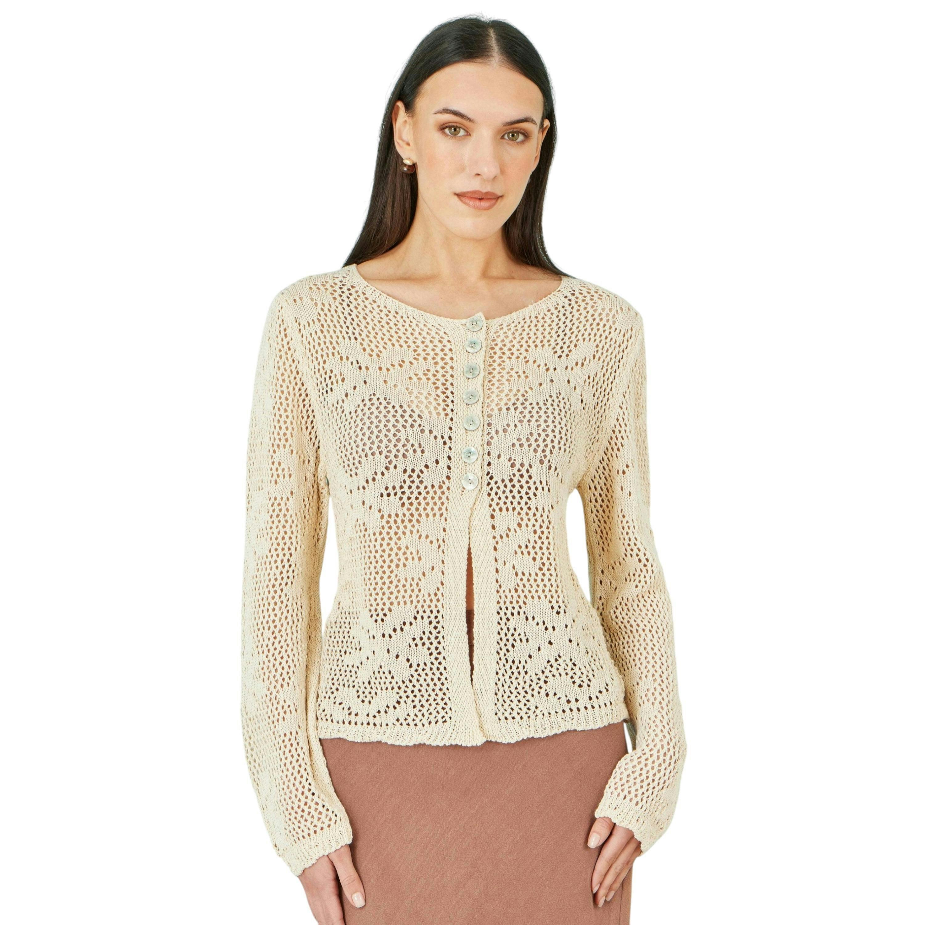 Yumi Beige Flower Crochet Button Up Cardigan , view 2 of 5