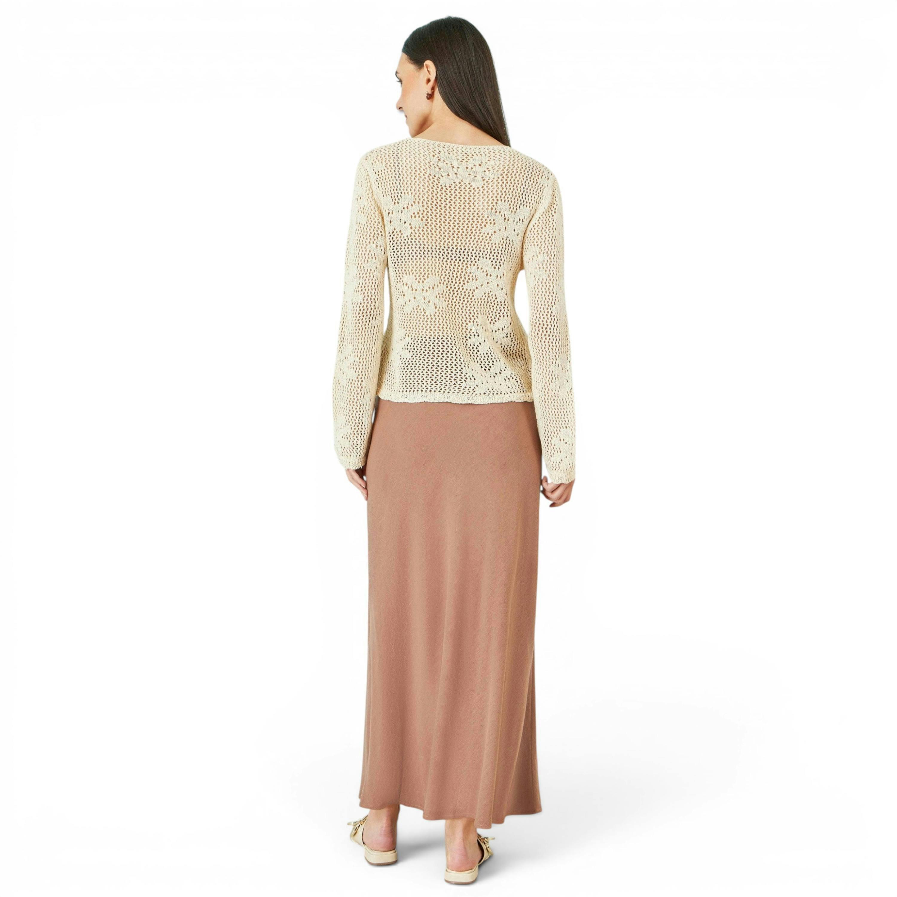 Yumi Beige Flower Crochet Button Up Cardigan , view 3 of 5