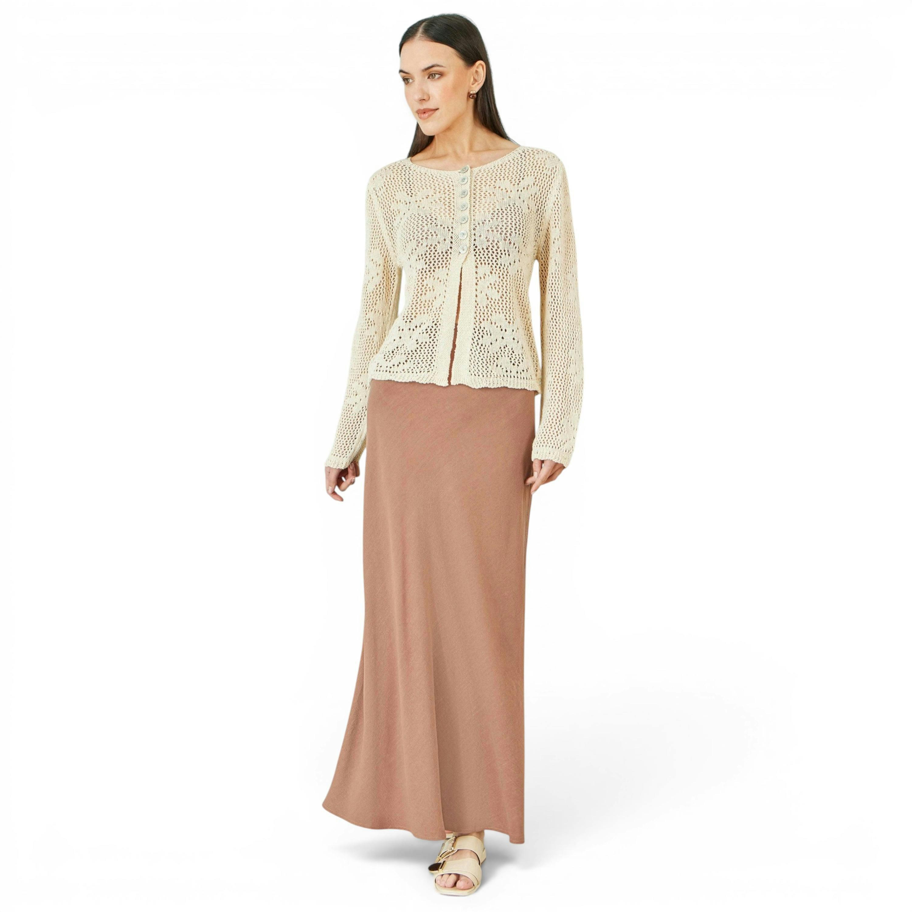 Yumi Beige Flower Crochet Button Up Cardigan , view 4 of 5
