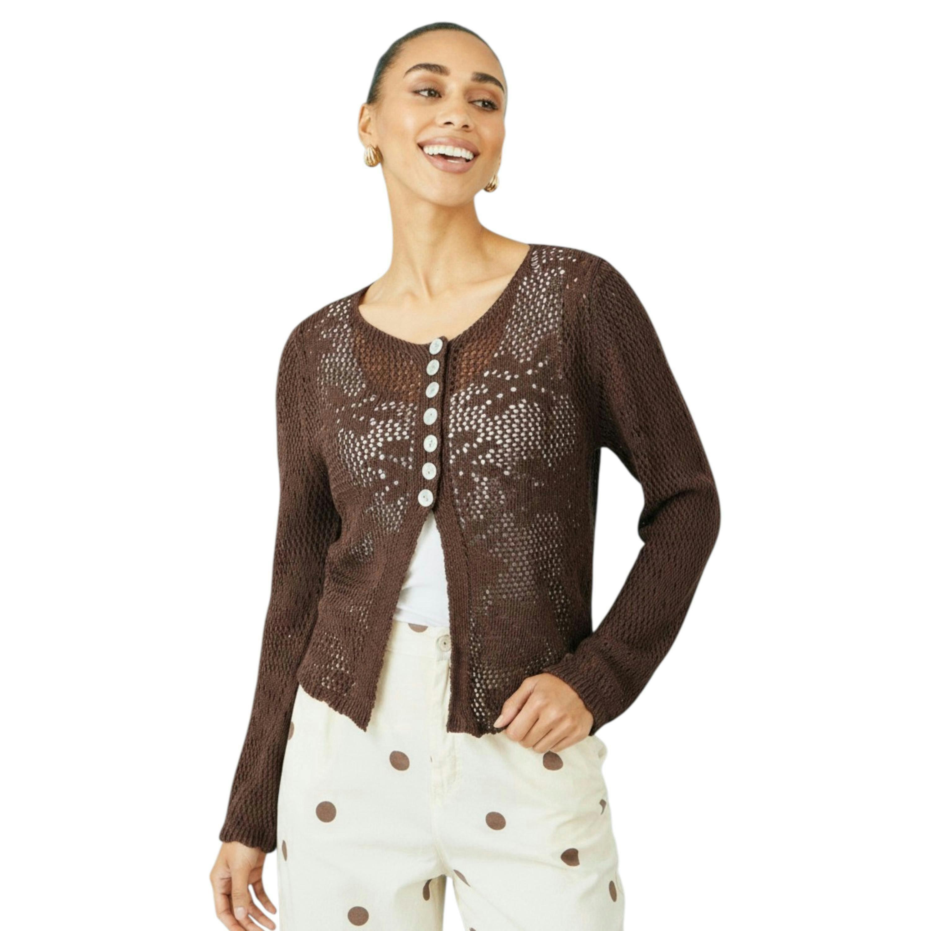 Yumi Brown Flower Crochet Button Up Cardigan , view 1 of 6