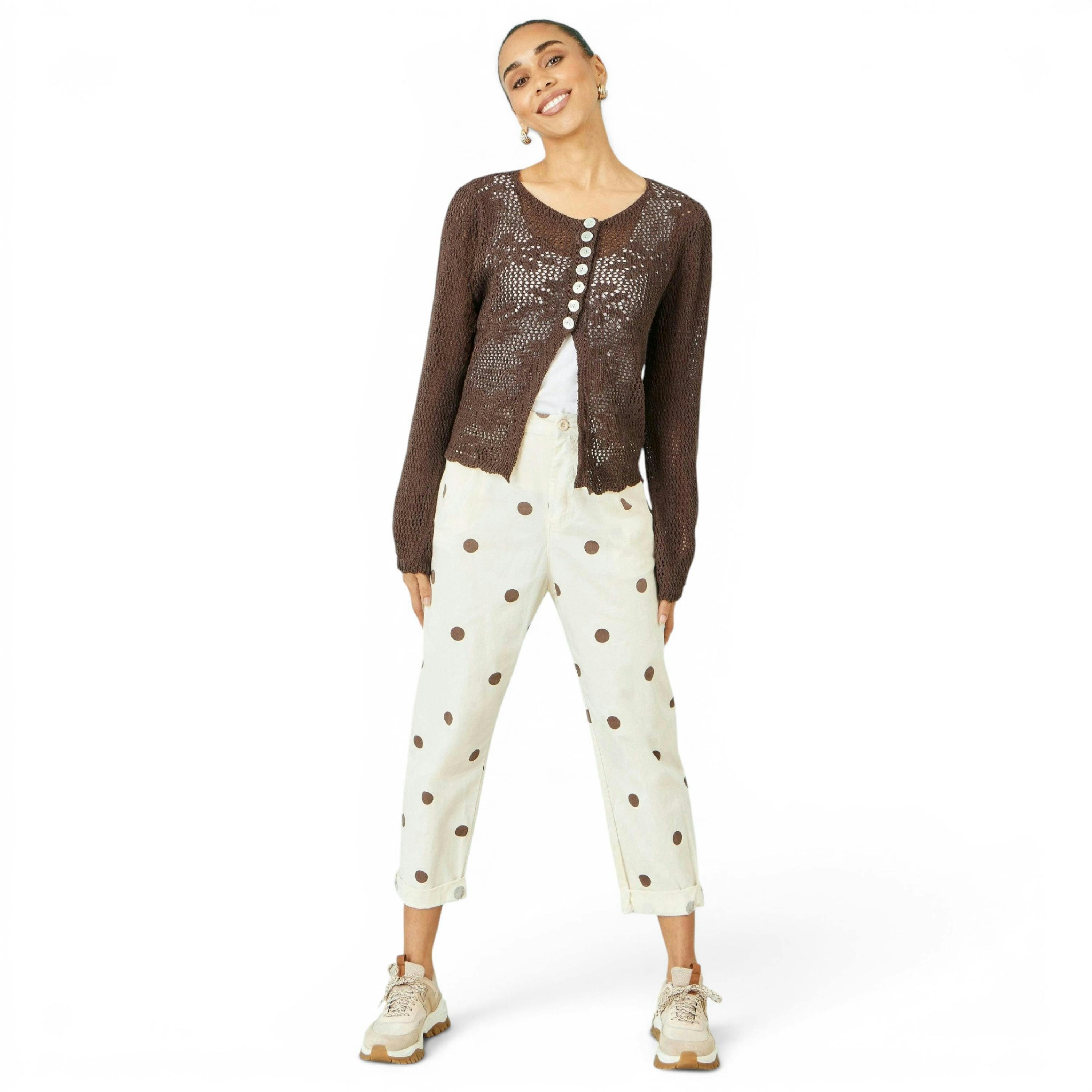Yumi Brown Flower Crochet Button Up Cardigan , view 2 of 6