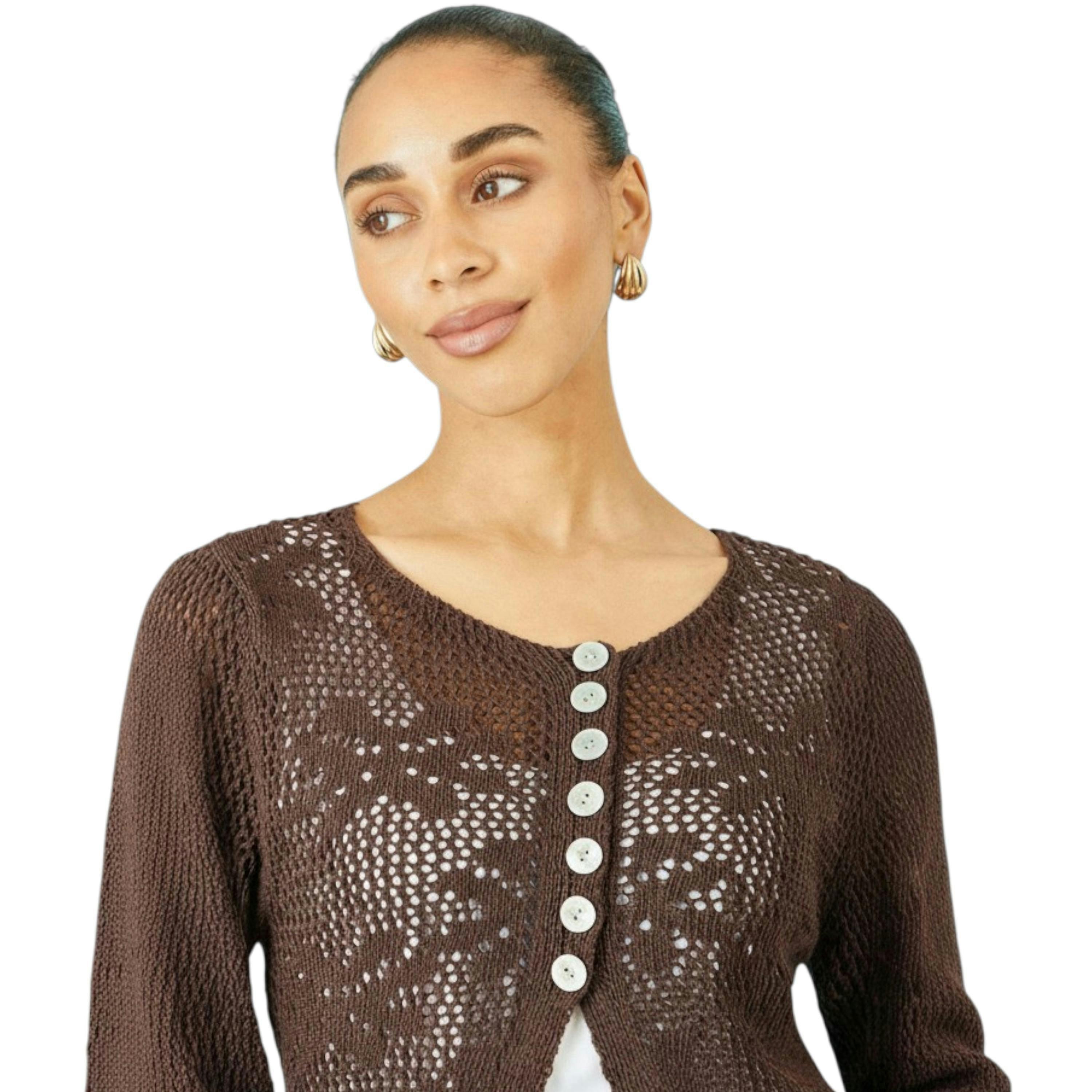 Yumi Brown Flower Crochet Button Up Cardigan , view 3 of 6