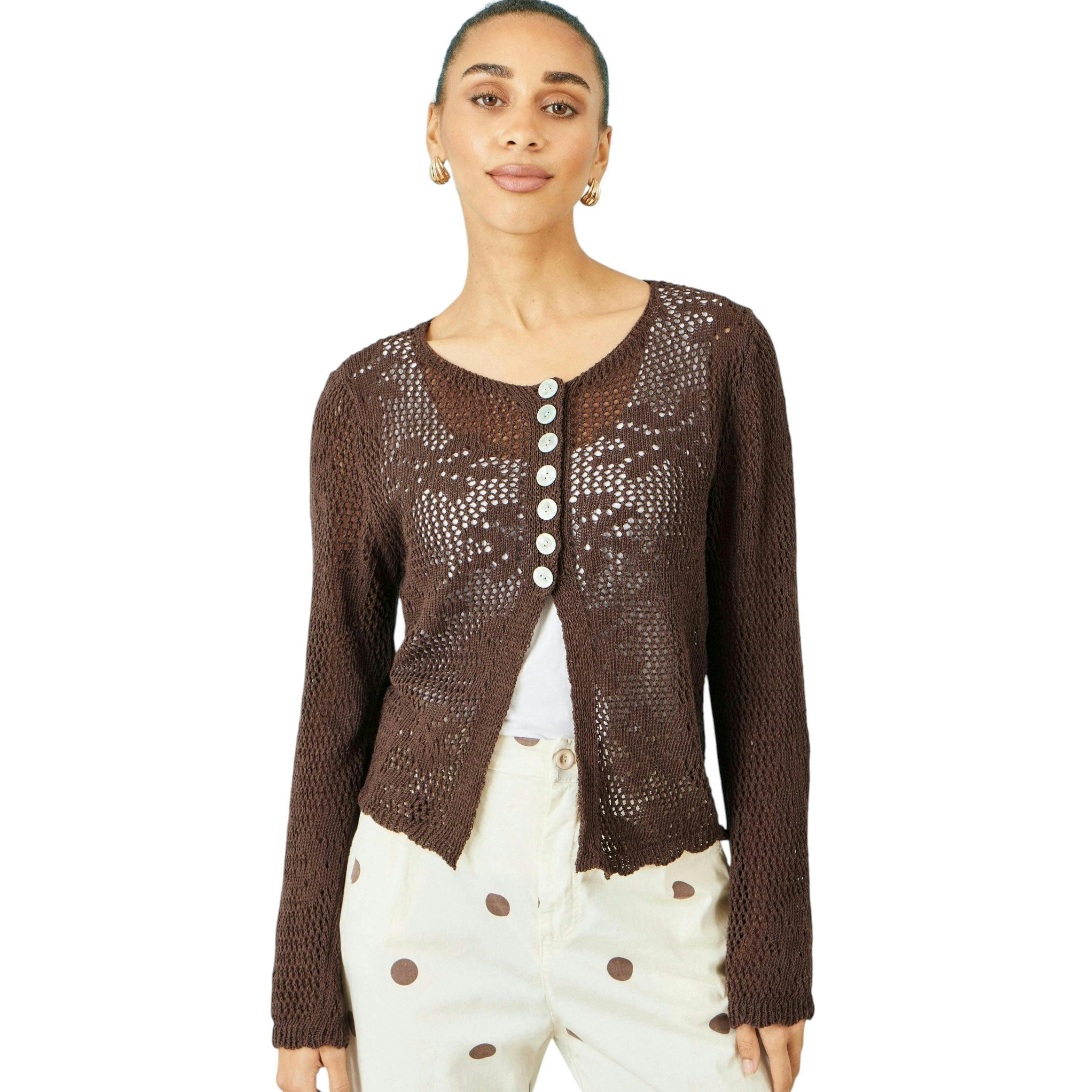 Yumi Brown Flower Crochet Button Up Cardigan , view 5 of 6