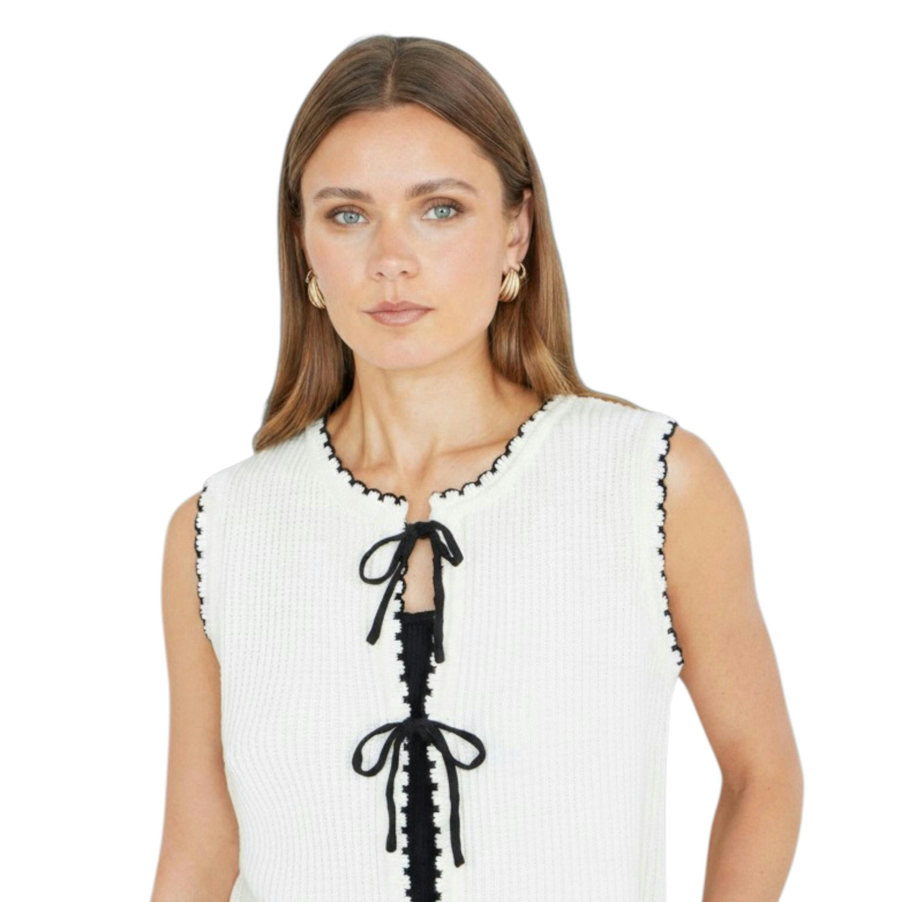 Yumi Ivory Knitted Waistcoat With Bow Trims , view 3 of 6