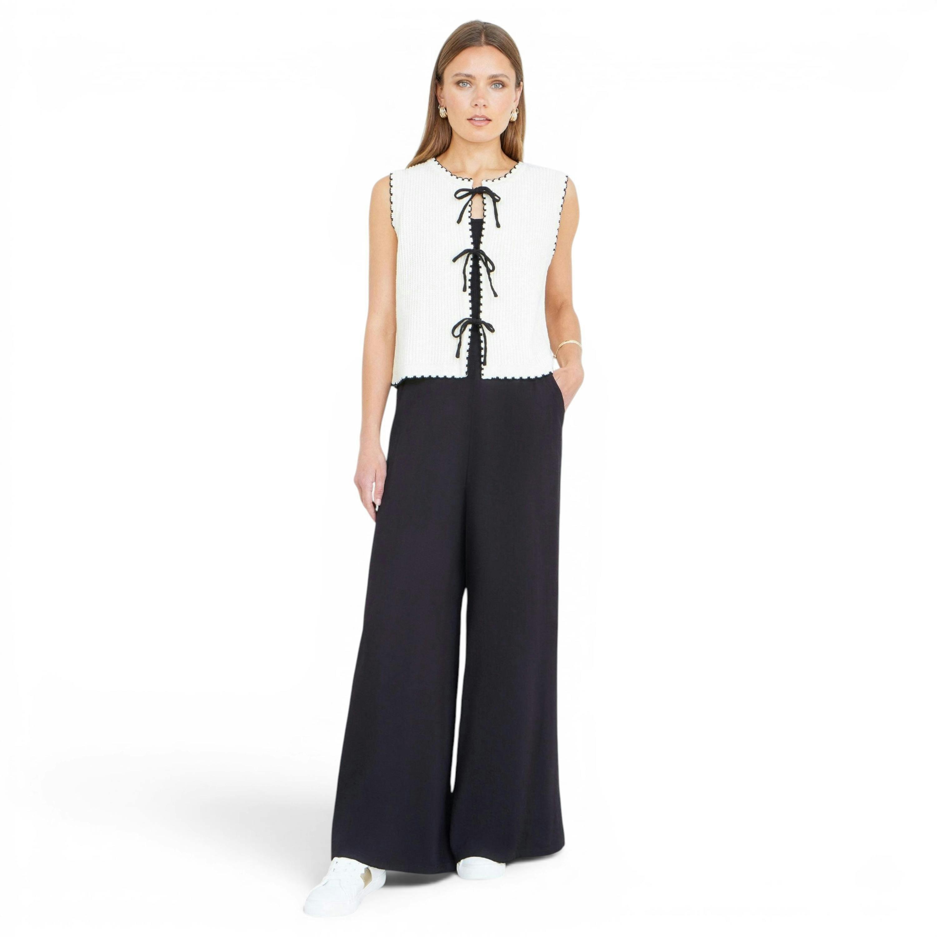 Yumi Ivory Knitted Waistcoat With Bow Trims , view 6 of 6