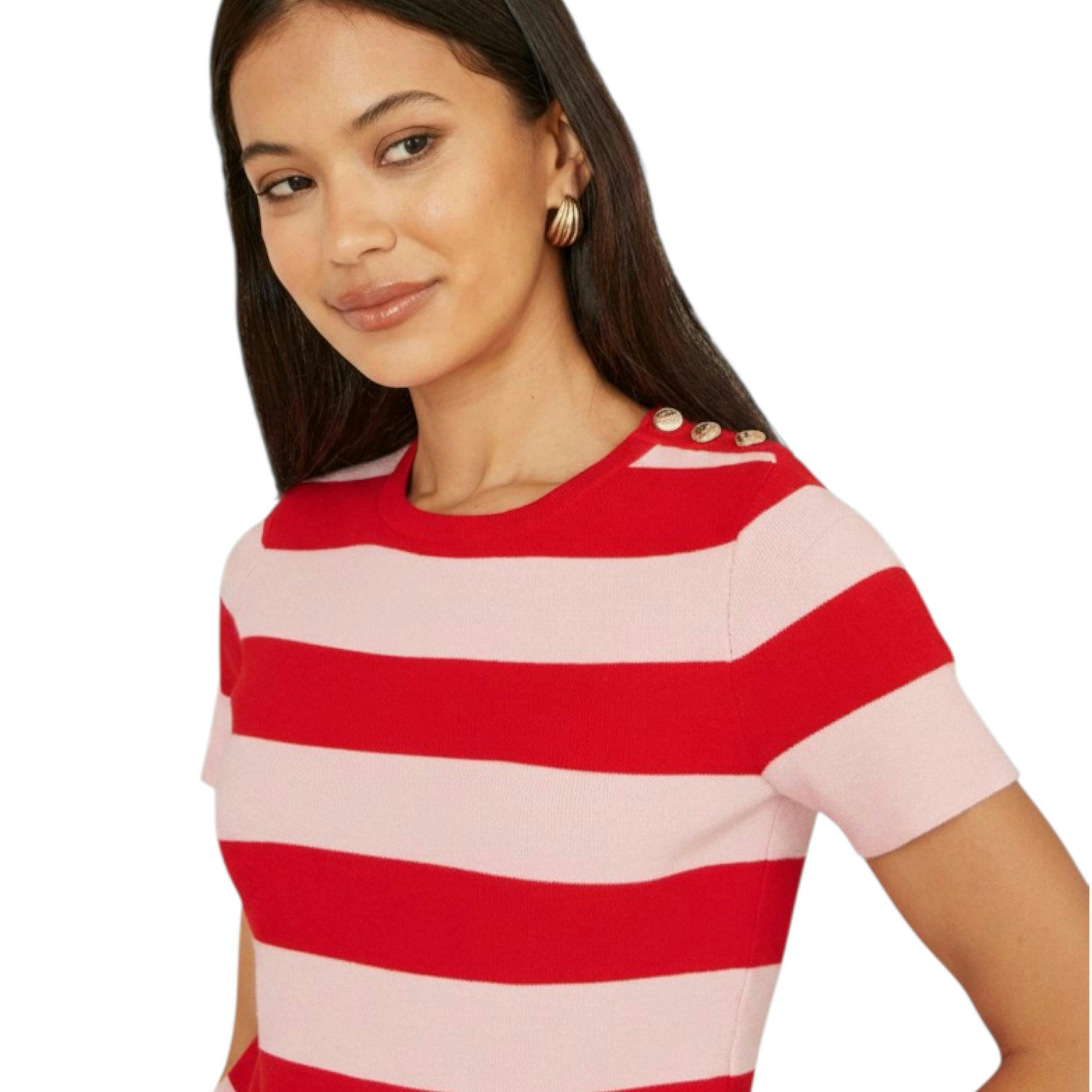 Yumi Red Block Stripe Knitted Top With Button Details , view 2 of 6