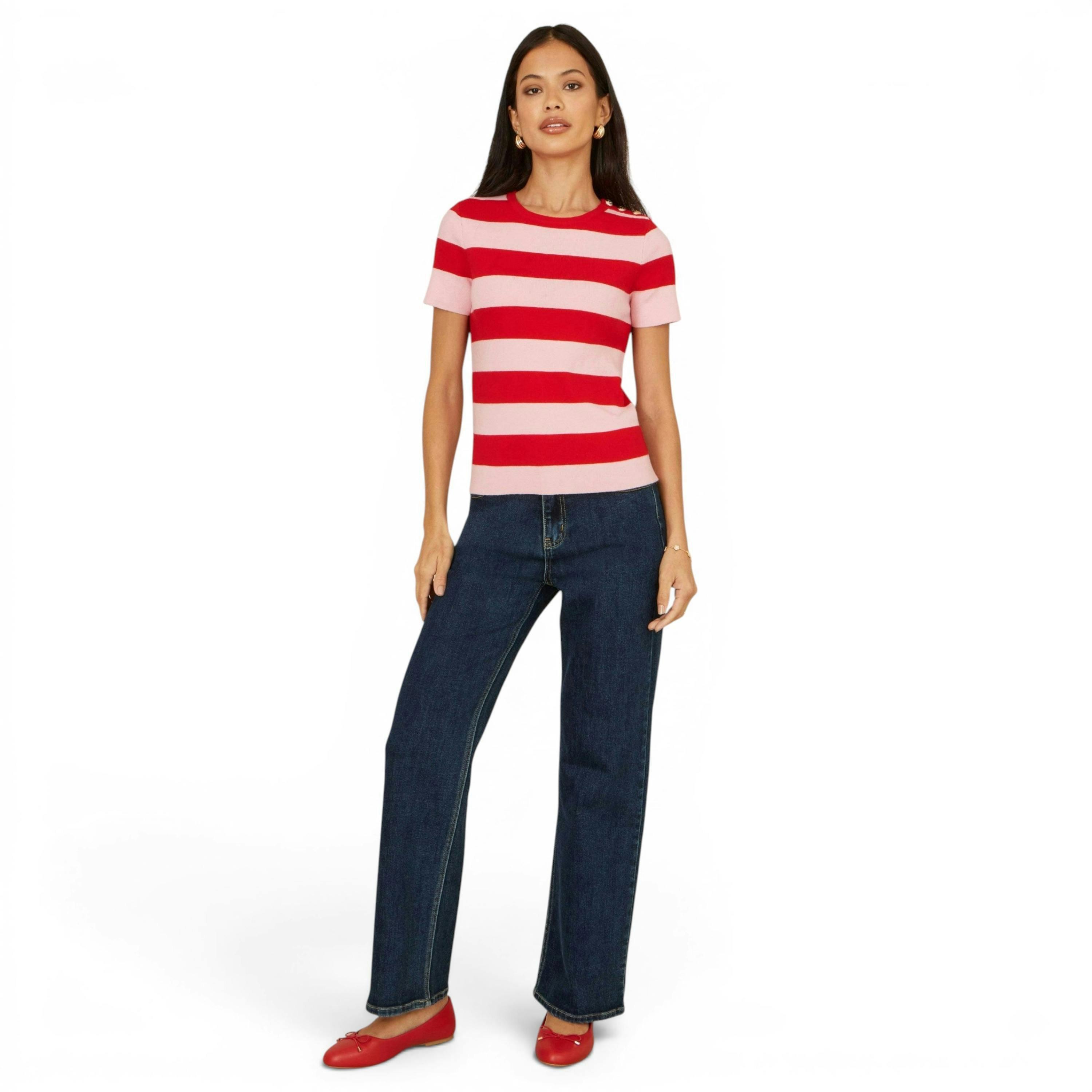 Yumi Red Block Stripe Knitted Top With Button Details , view 3 of 6