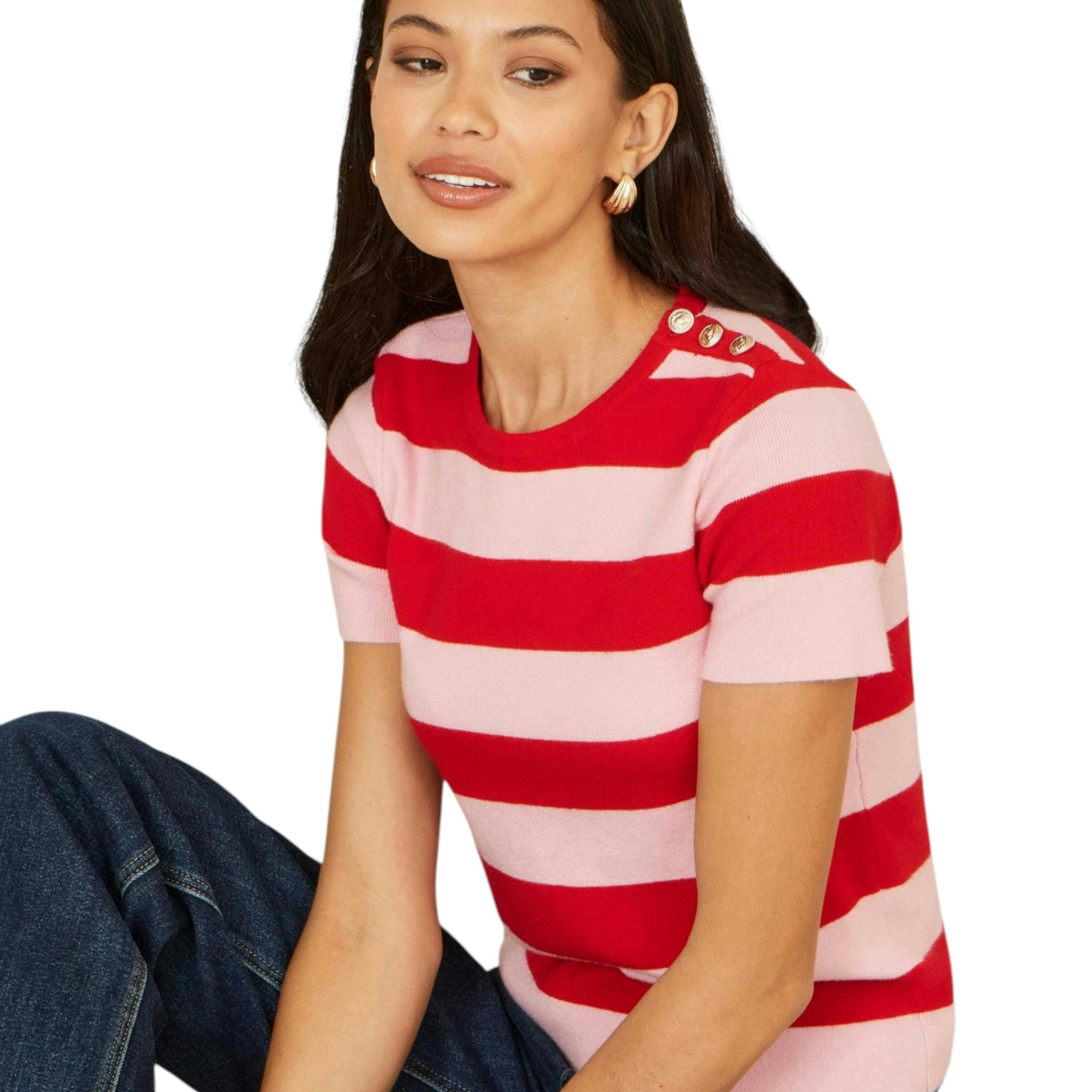 Yumi Red Block Stripe Knitted Top With Button Details , view 4 of 6