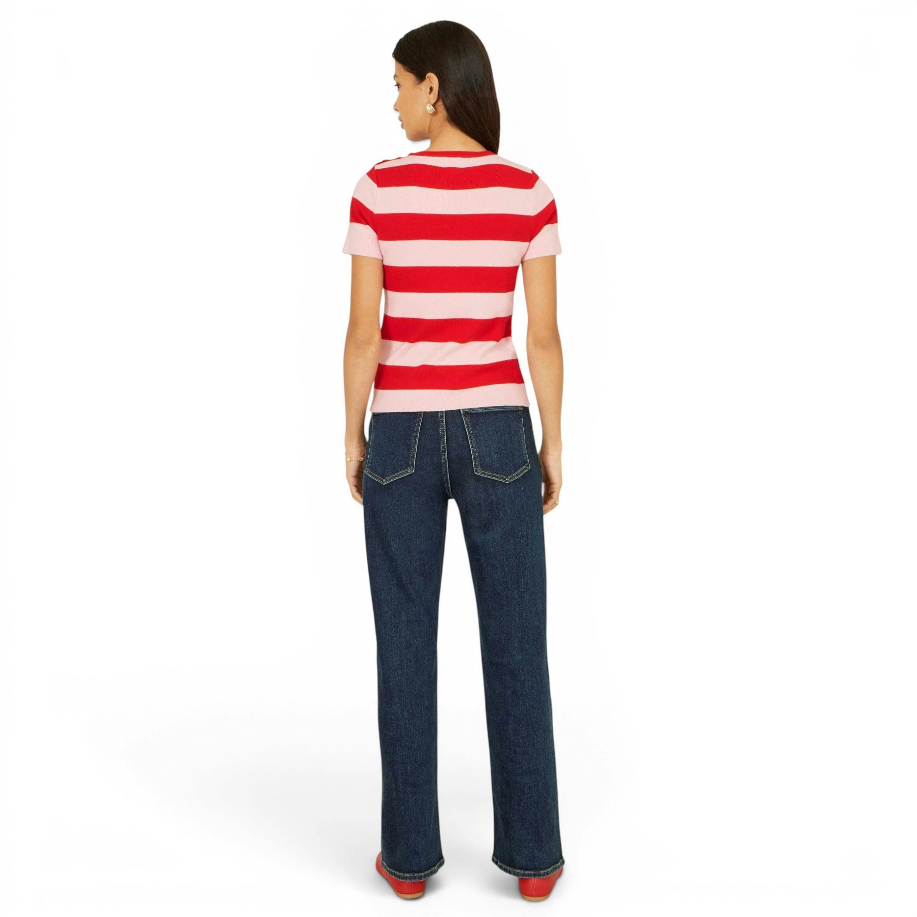 Yumi Red Block Stripe Knitted Top With Button Details , view 5 of 6