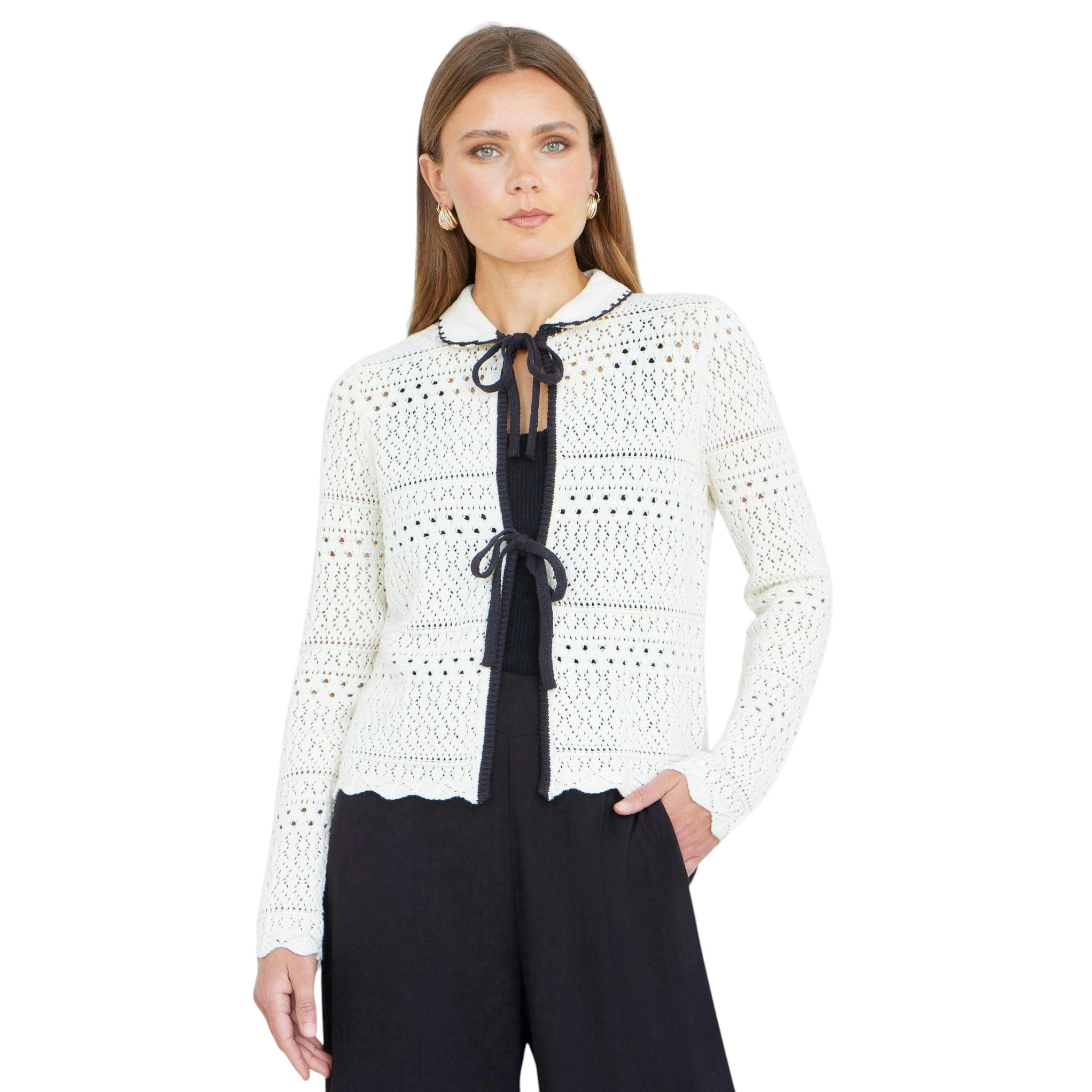 Yumi Ivory Crochet Knitted Cardigan With Peter Pan Collar , view 1 of 6