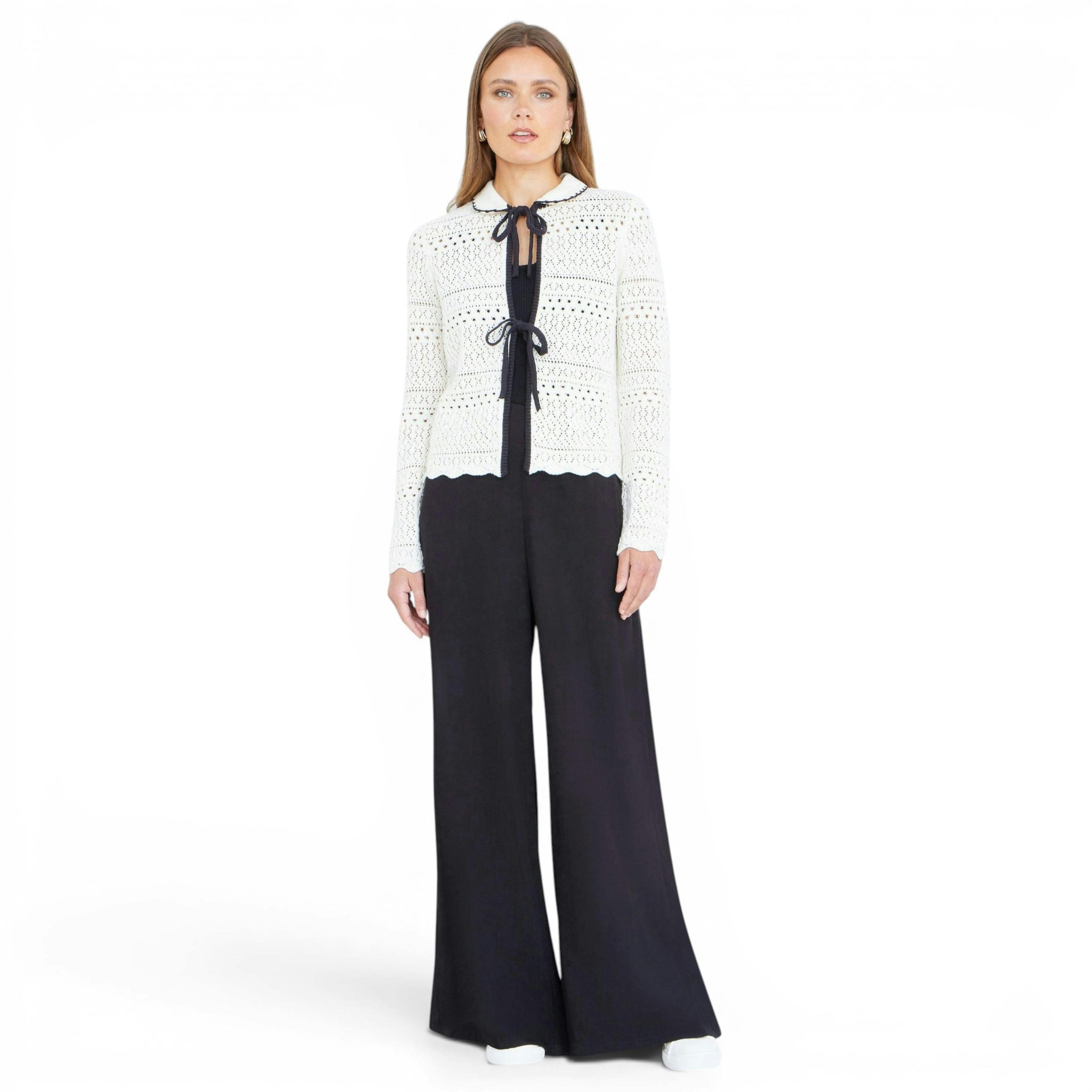 Yumi Ivory Crochet Knitted Cardigan With Peter Pan Collar , view 2 of 6