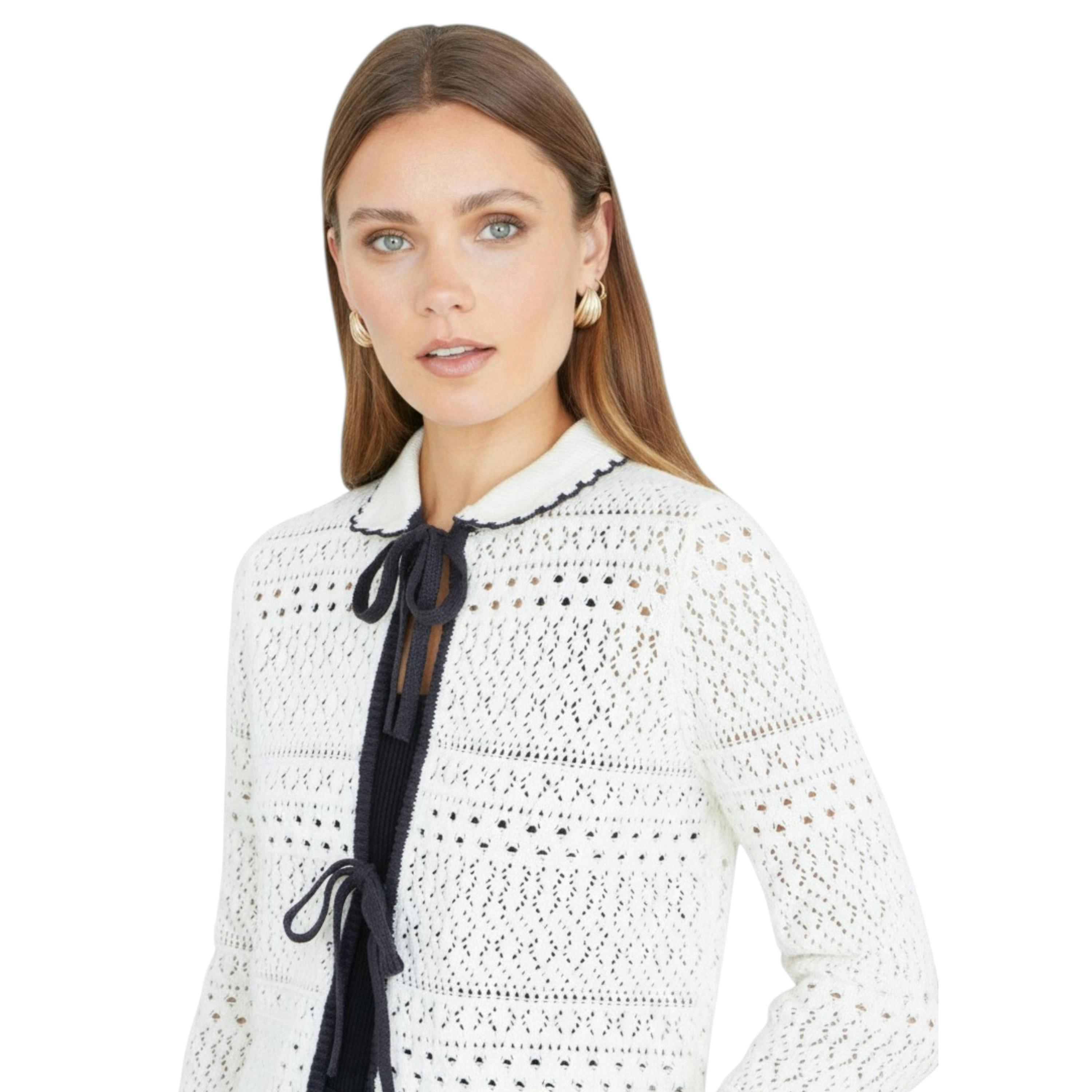 Yumi Ivory Crochet Knitted Cardigan With Peter Pan Collar , view 4 of 6