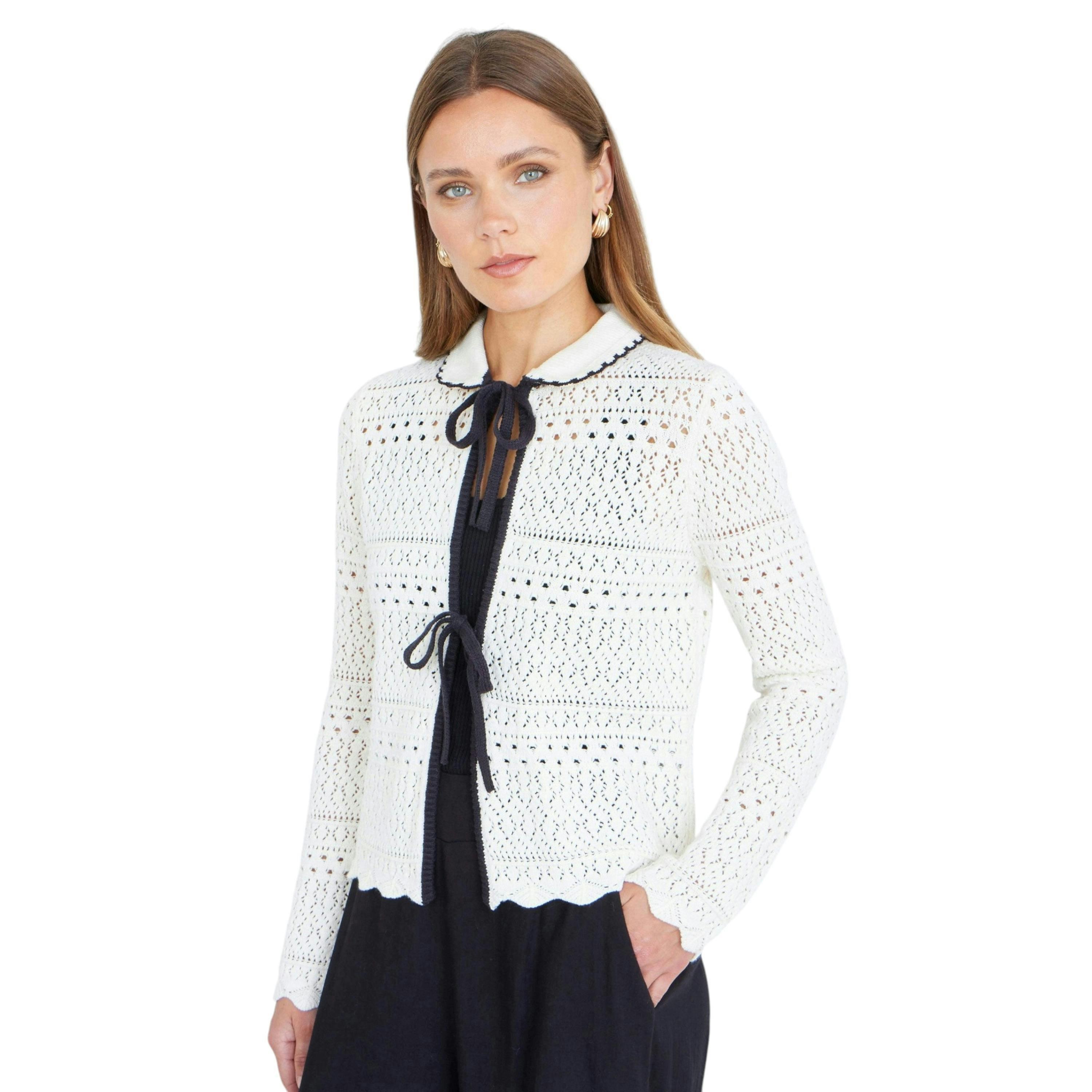 Yumi Ivory Crochet Knitted Cardigan With Peter Pan Collar , view 5 of 6