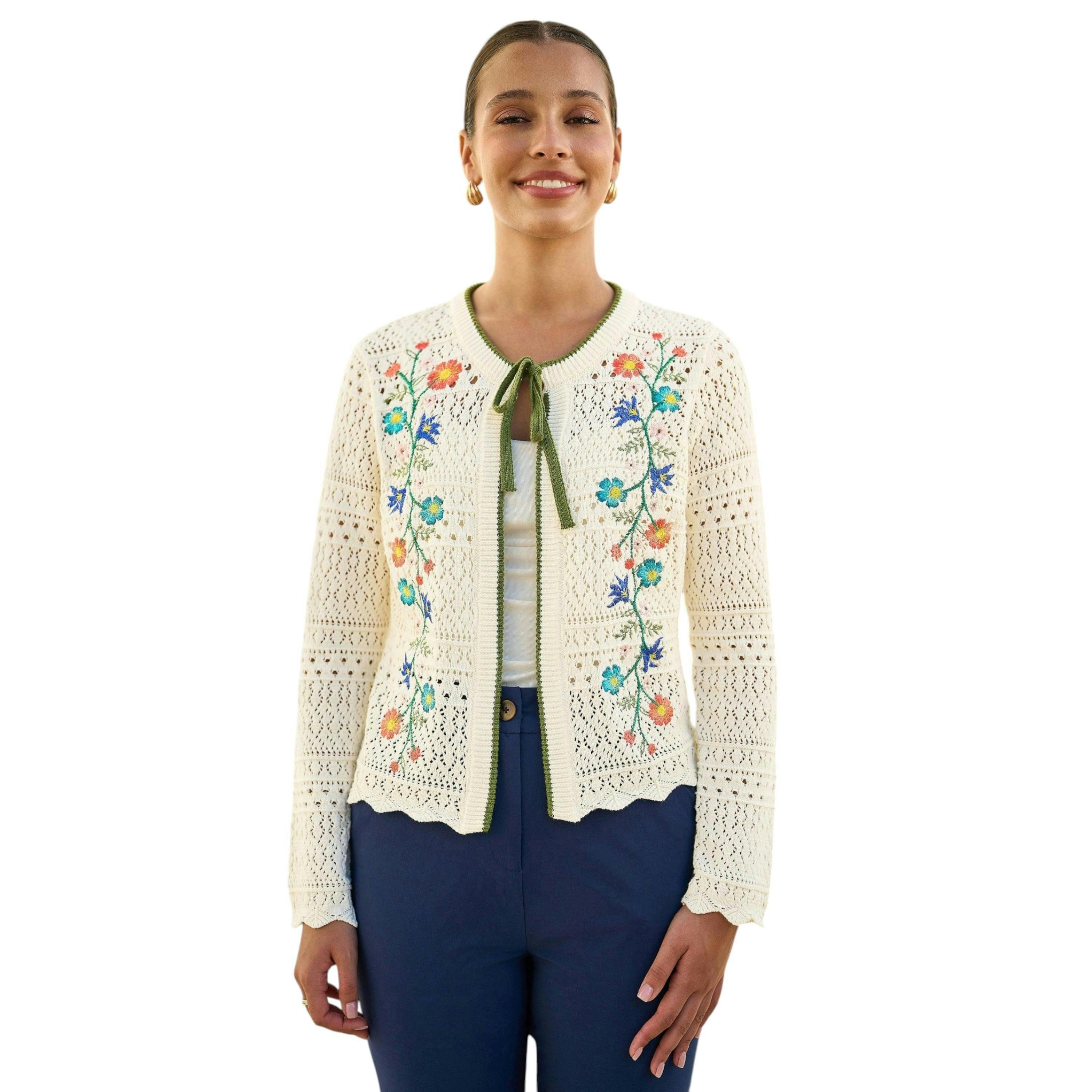 Yumi Ivory Crochet Knitted Tie Front Cardigan With Floral Embroidery , view 1 of 6