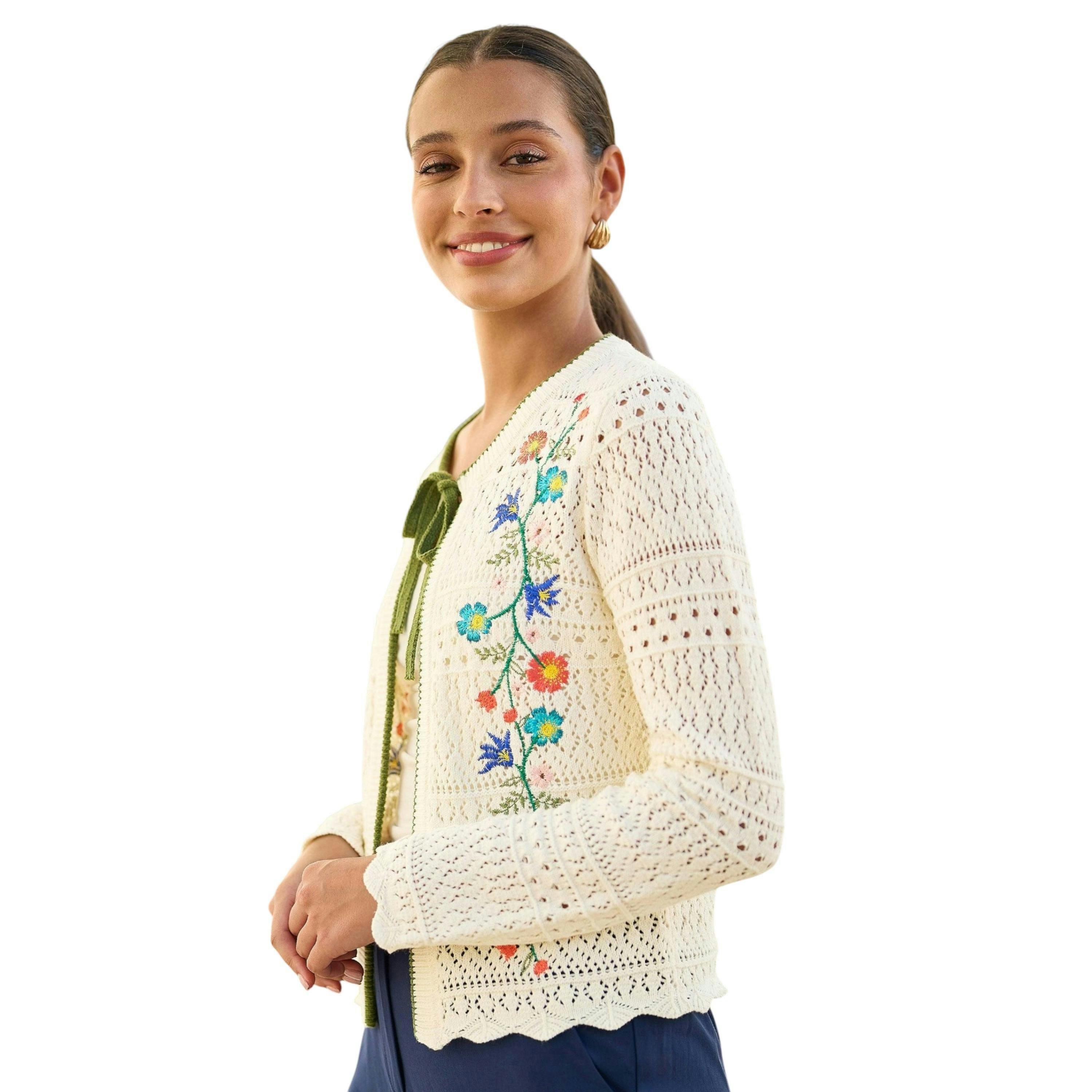 Yumi Ivory Crochet Knitted Tie Front Cardigan With Floral Embroidery , view 2 of 6